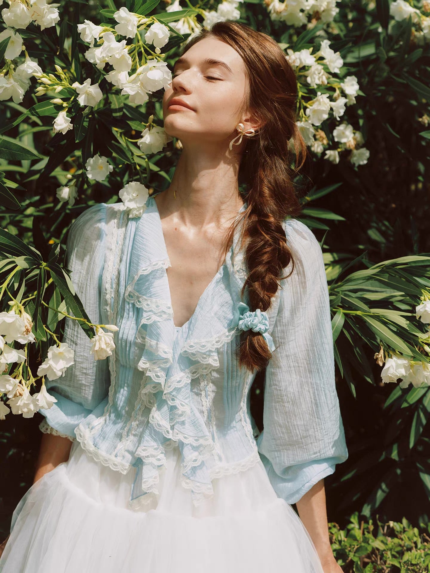'Springtide' — powder-blue lace-trim blouse & ivory tulle skirt set, ruffle V-collar and pintuck pleats | ÀMonBelAmour