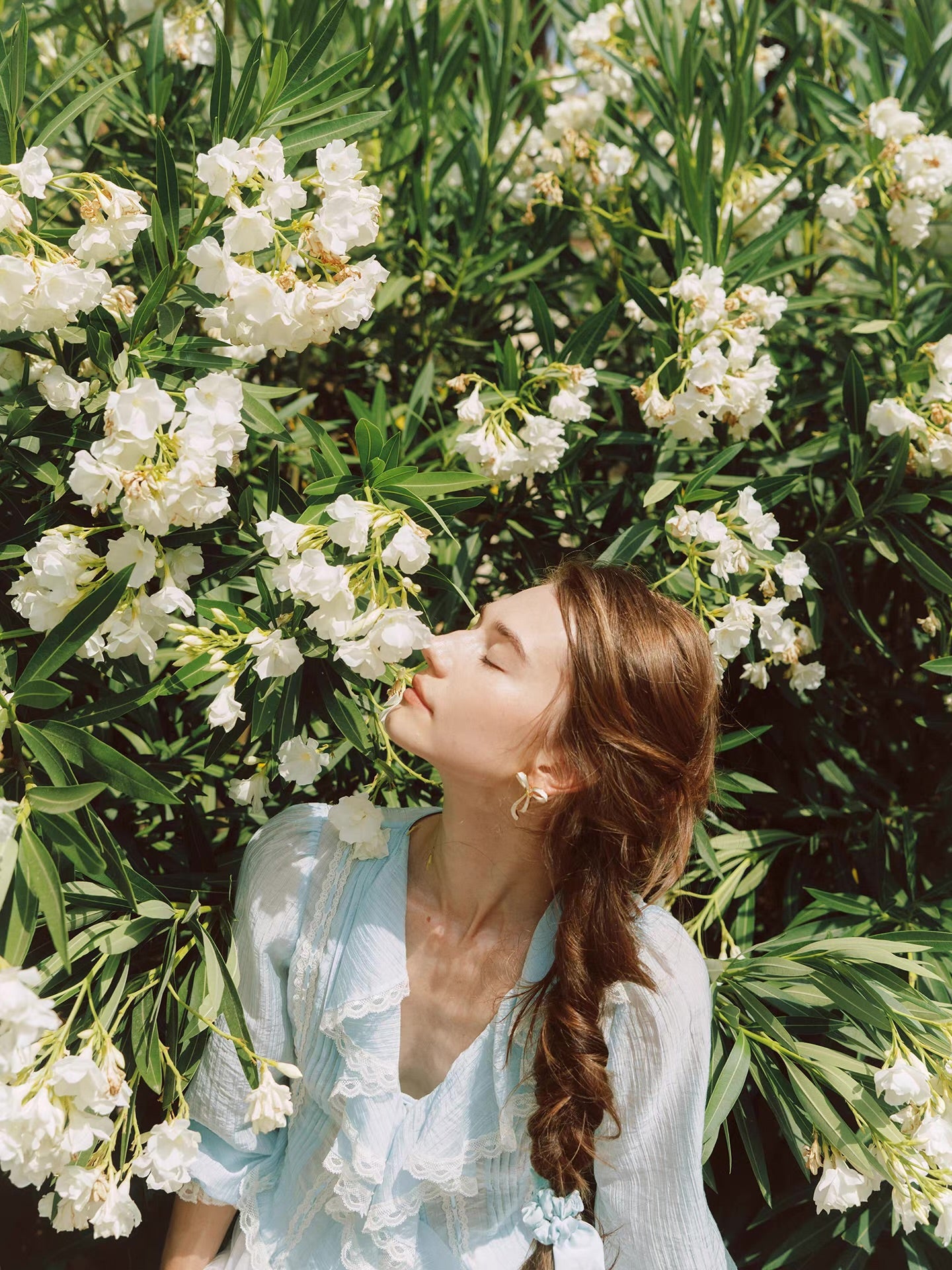 'Springtide' — powder-blue lace-trim blouse & ivory tulle skirt set, ruffle V-collar and pintuck pleats | ÀMonBelAmour