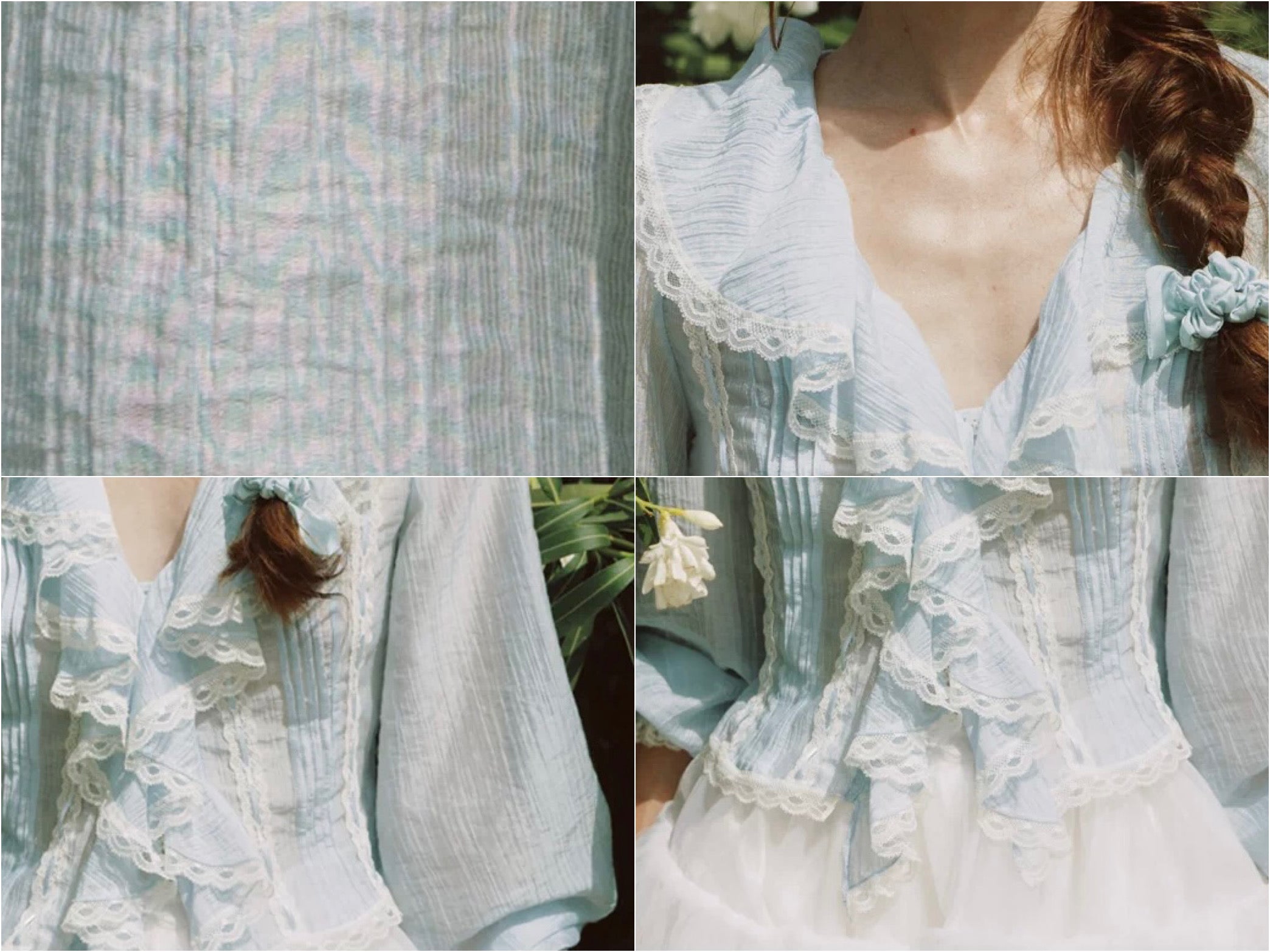 'Springtide' — powder-blue lace-trim blouse & ivory tulle skirt set, ruffle V-collar and pintuck pleats | ÀMonBelAmour