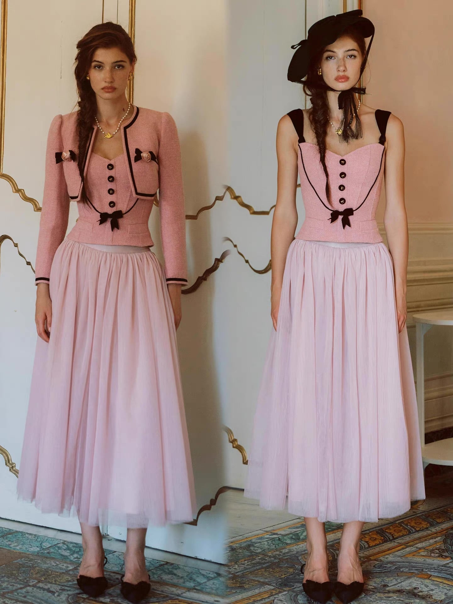 The Rose Parlour — pink tweed three-piece set, corset top jacket and tulle skirt with velvet bows | ÀMonBelAmour