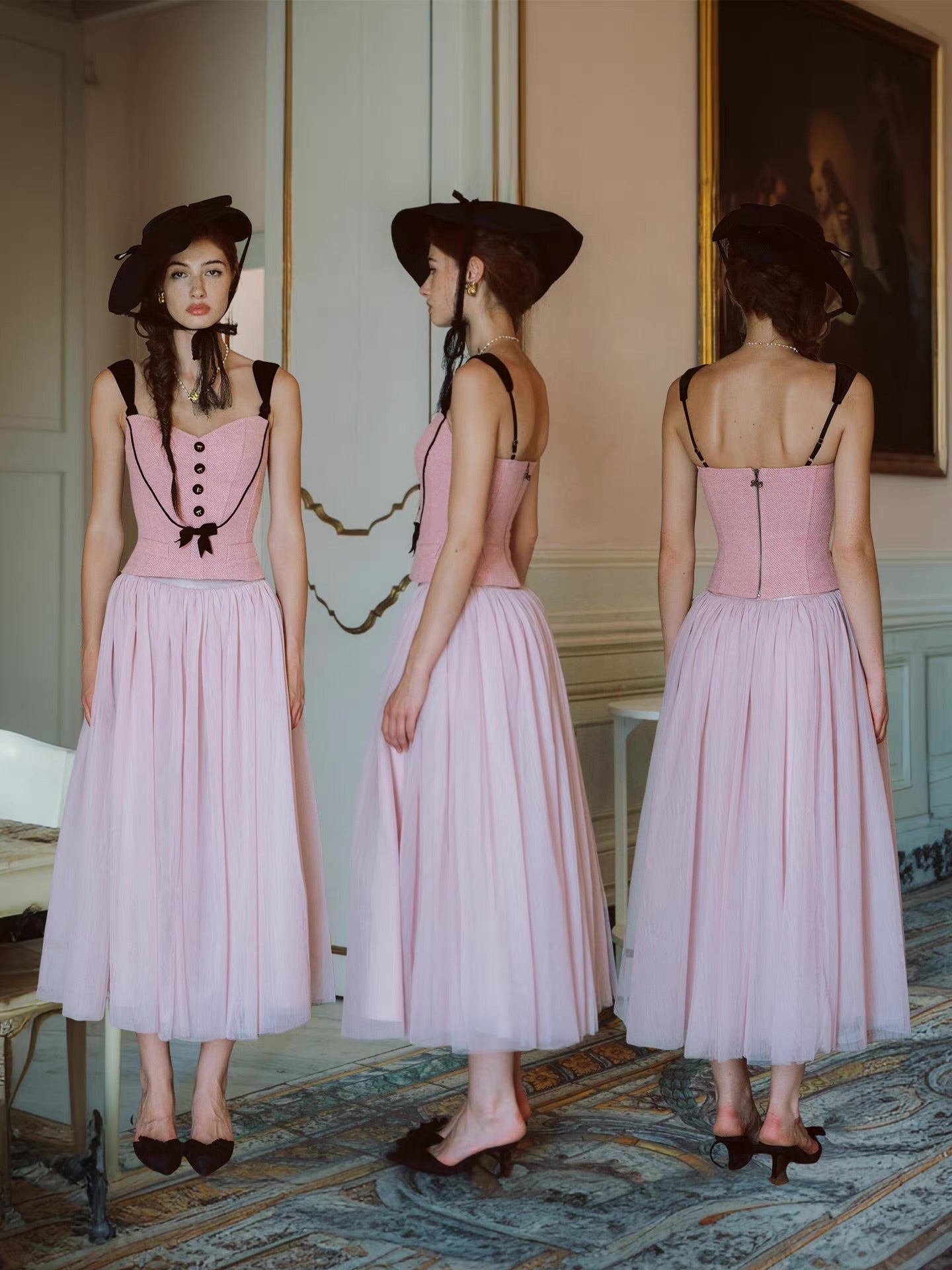 The Rose Parlour — pink tweed three-piece set, corset top jacket and tulle skirt with velvet bows | ÀMonBelAmour
