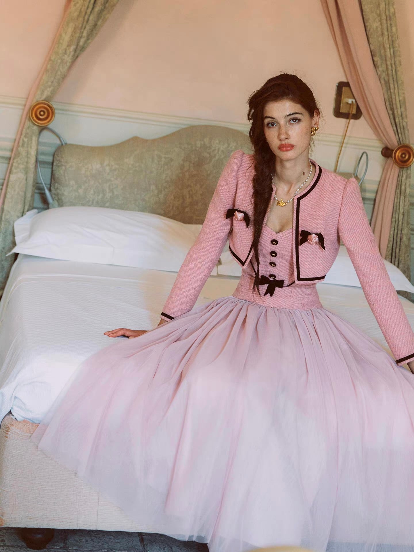 The Rose Parlour — pink tweed three-piece set, corset top jacket and tulle skirt with velvet bows | ÀMonBelAmour