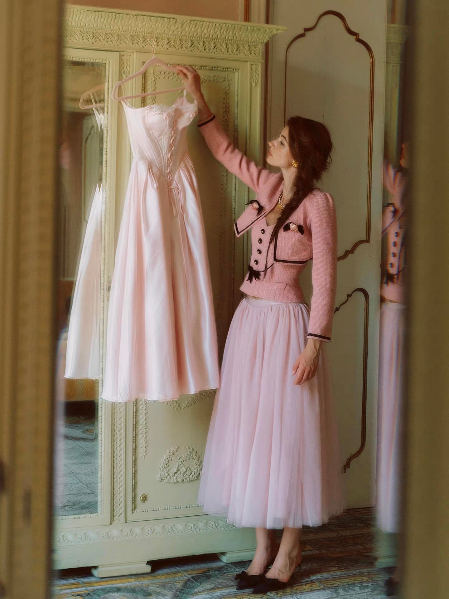 The Rose Parlour — pink tweed three-piece set, corset top jacket and tulle skirt with velvet bows | ÀMonBelAmour