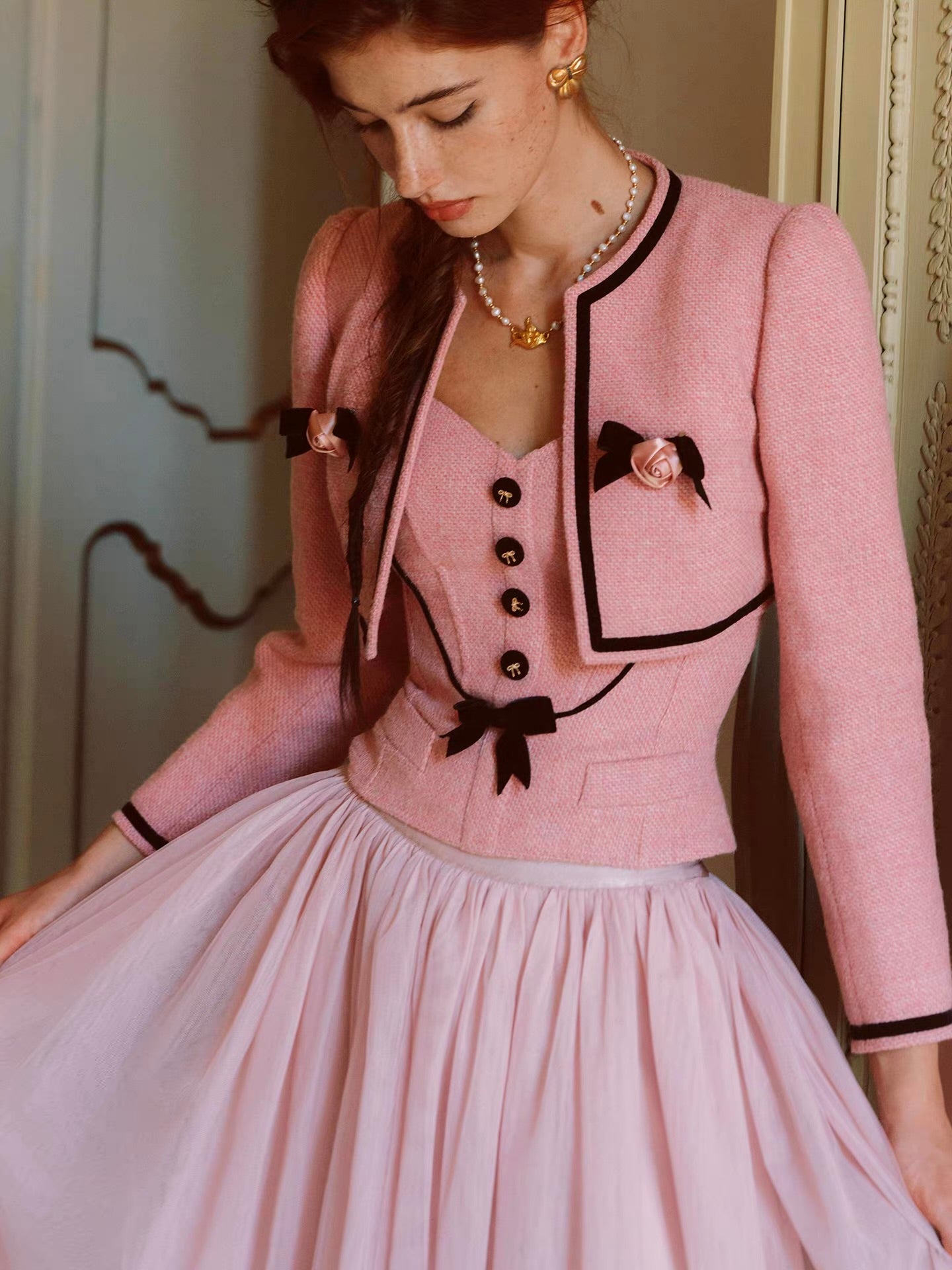 The Rose Parlour — pink tweed three-piece set, corset top jacket and tulle skirt with velvet bows | ÀMonBelAmour