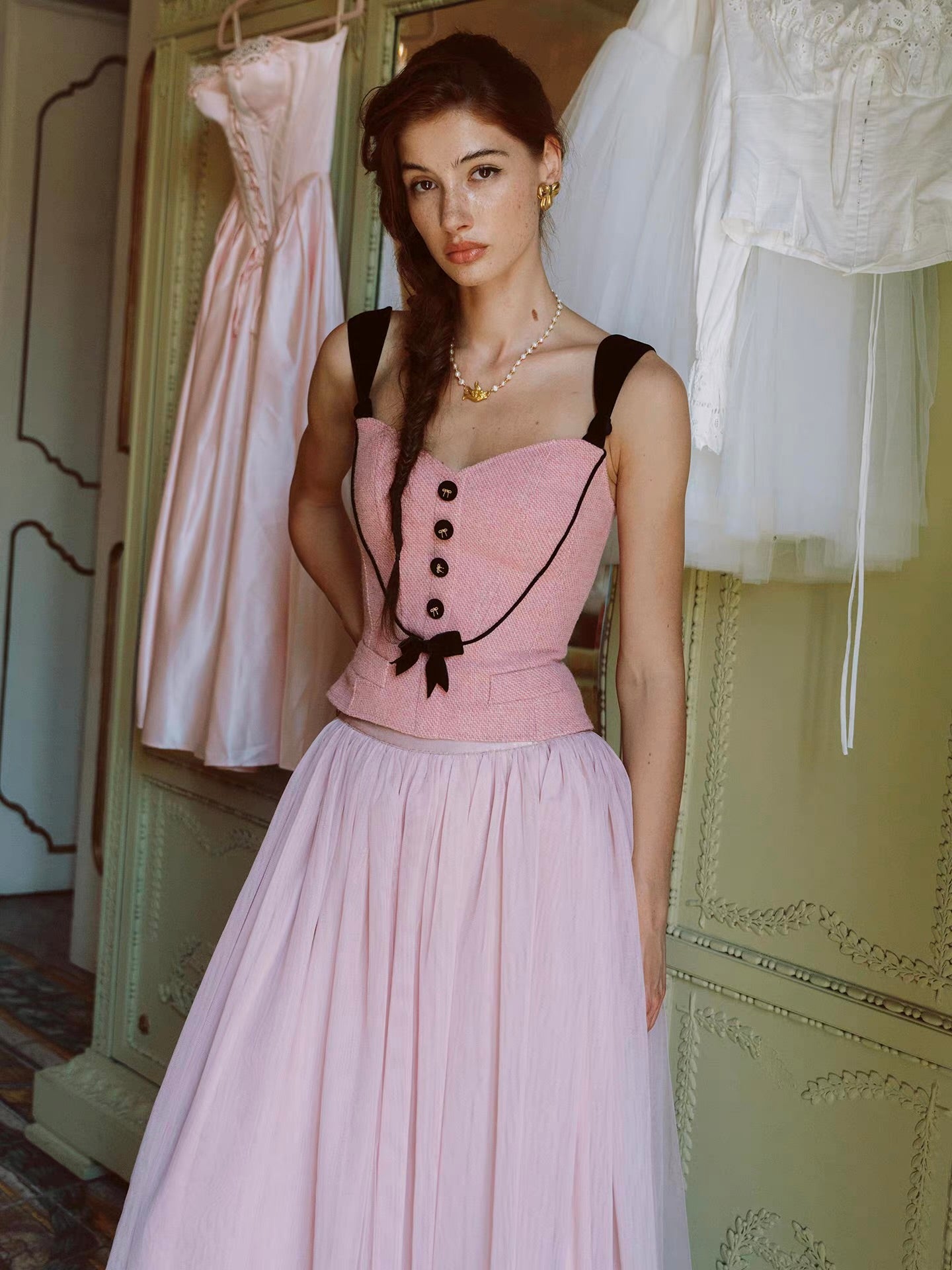 The Rose Parlour — pink tweed three-piece set, corset top jacket and tulle skirt with velvet bows | ÀMonBelAmour