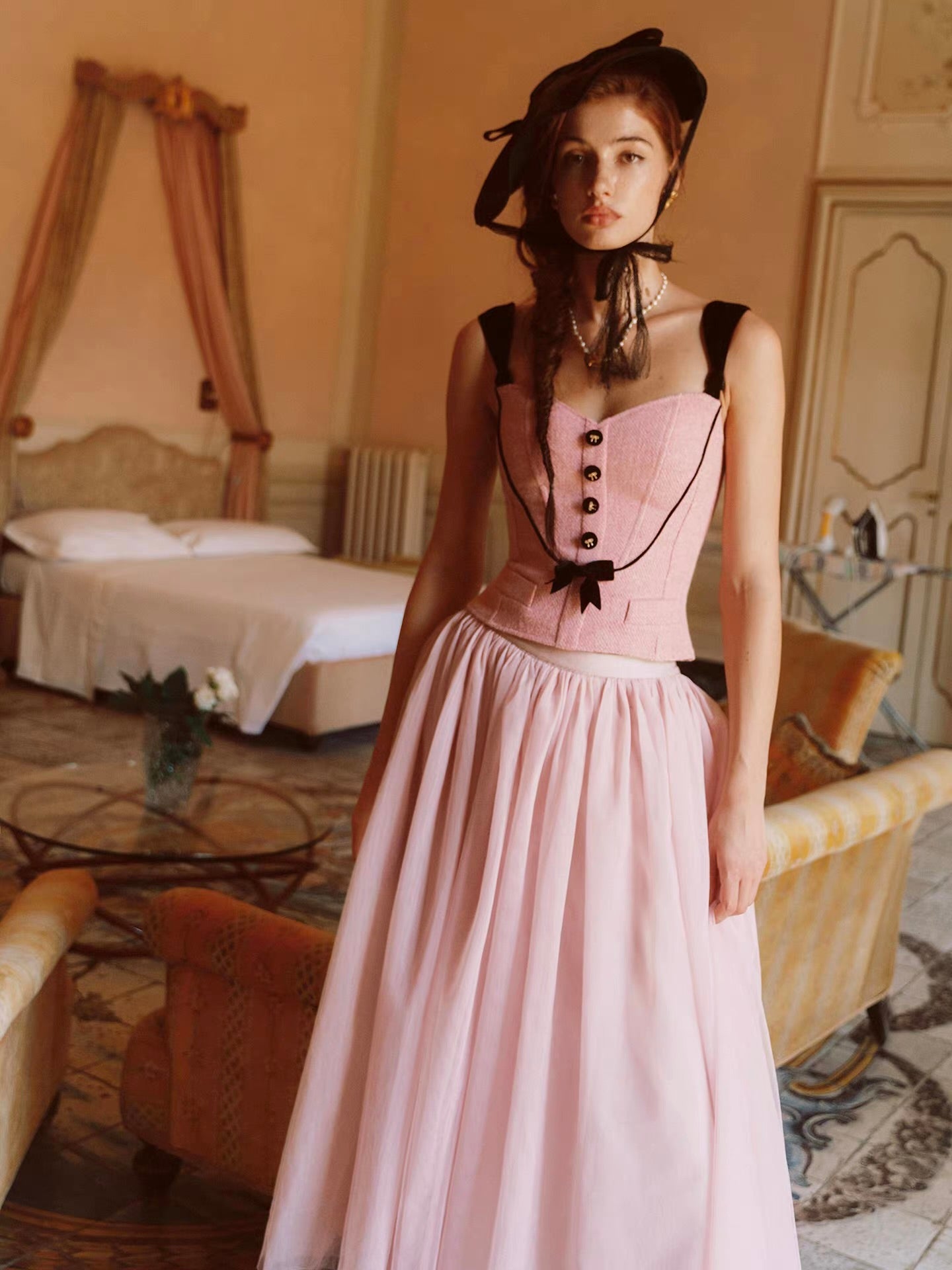 The Rose Parlour — pink tweed three-piece set, corset top jacket and tulle skirt with velvet bows | ÀMonBelAmour