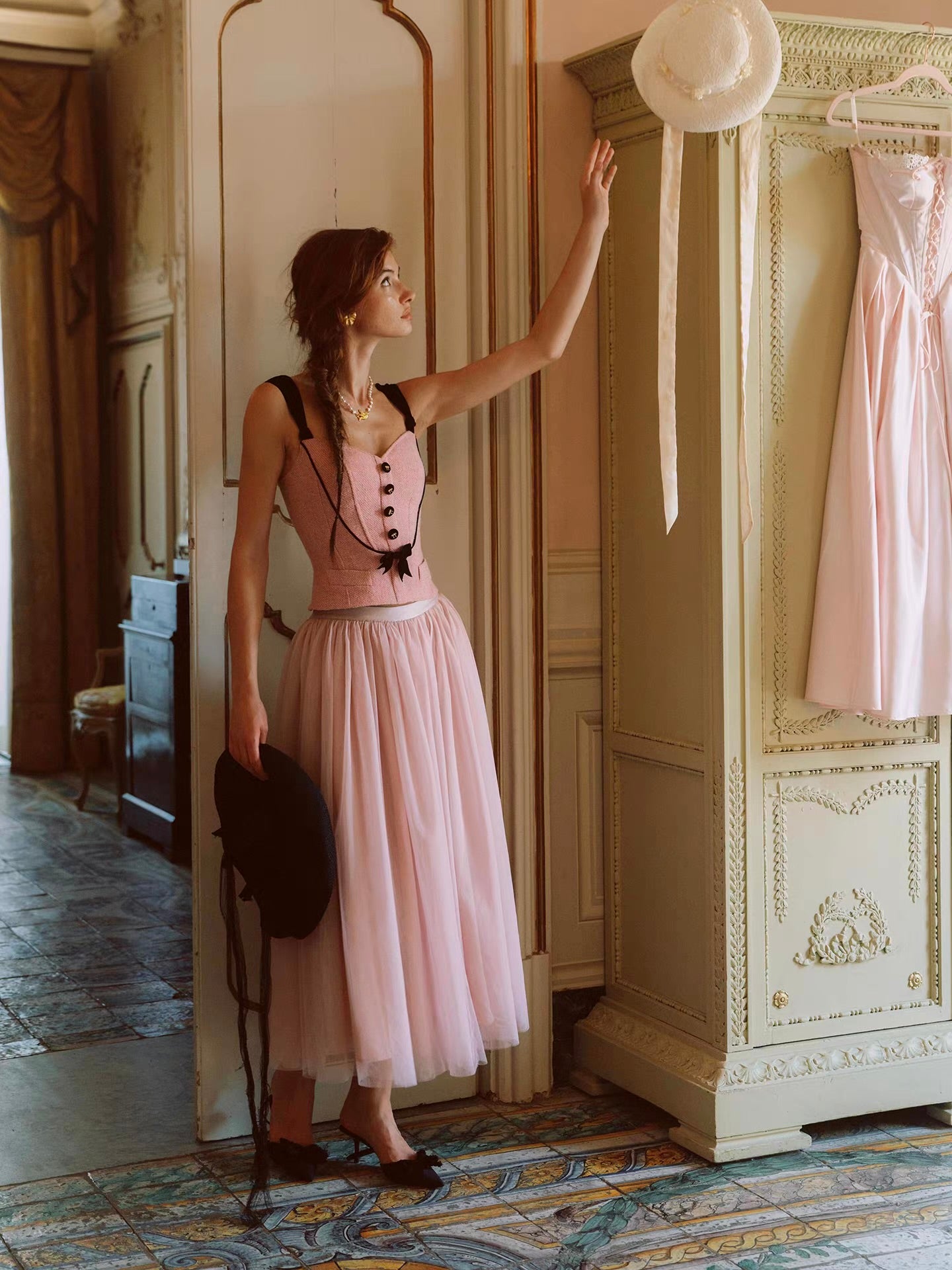 The Rose Parlour — pink tweed three-piece set, corset top jacket and tulle skirt with velvet bows | ÀMonBelAmour