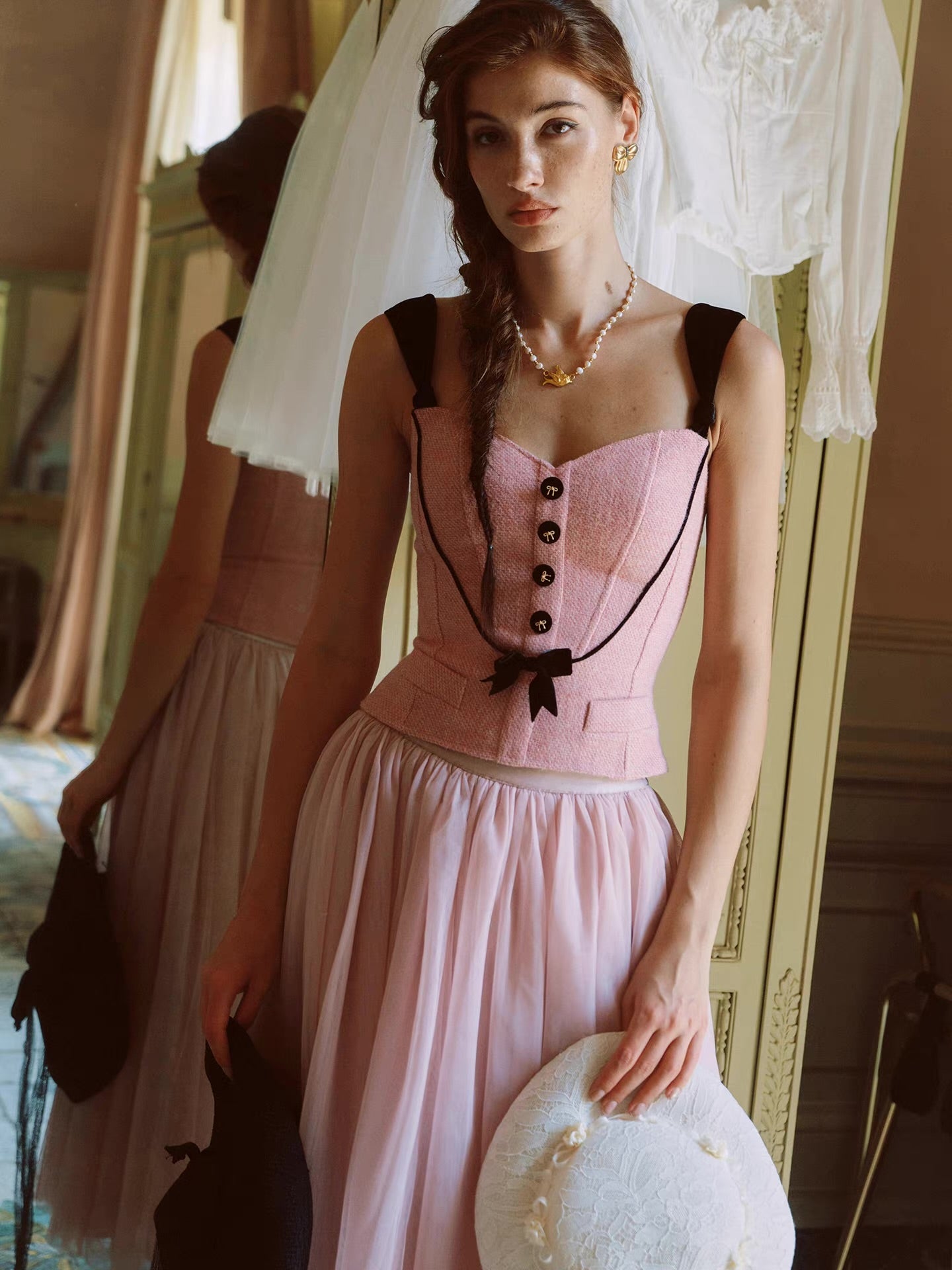 The Rose Parlour — pink tweed three-piece set, corset top jacket and tulle skirt with velvet bows | ÀMonBelAmour