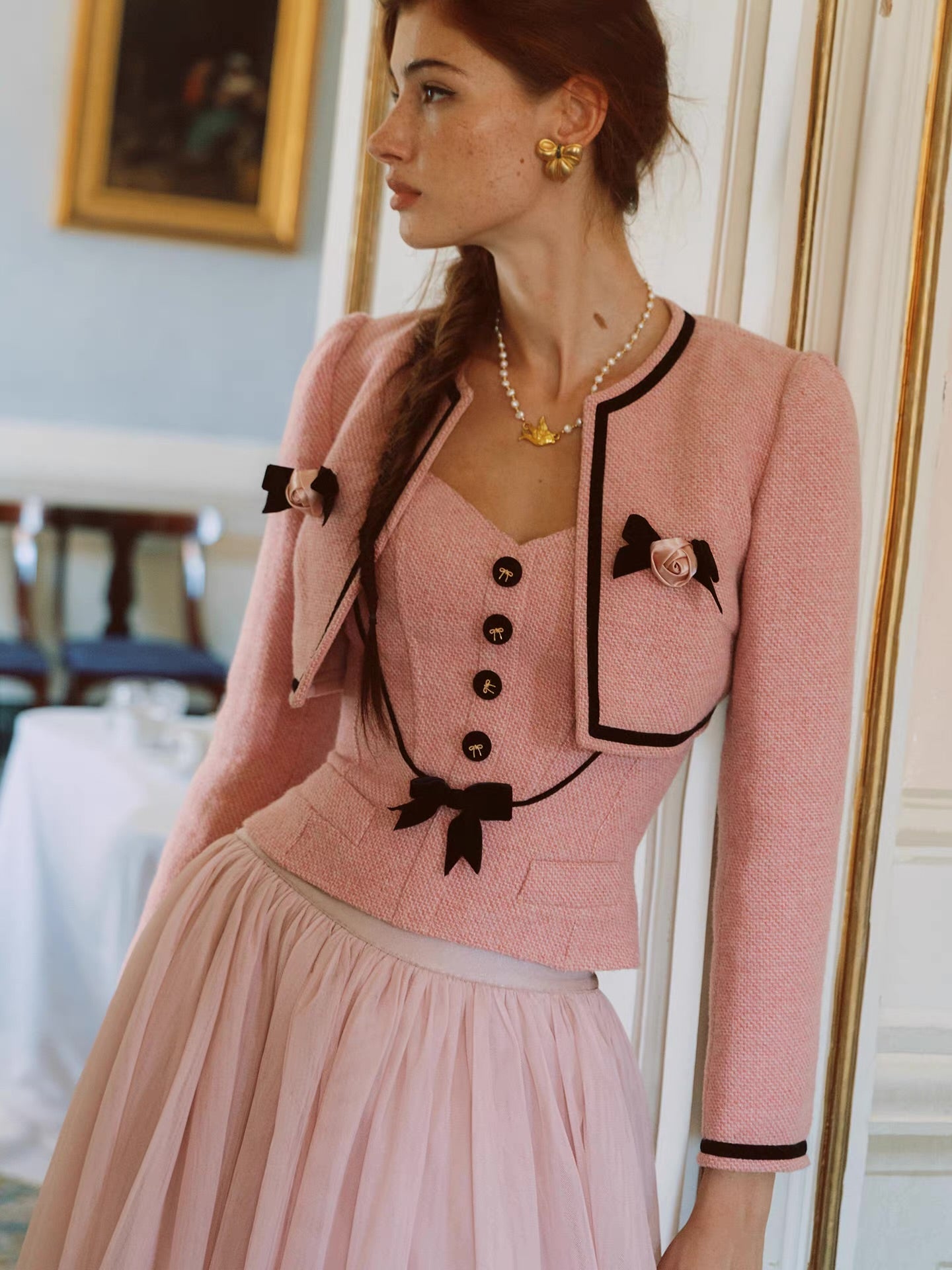 The Rose Parlour — pink tweed three-piece set, corset top jacket and tulle skirt with velvet bows | ÀMonBelAmour