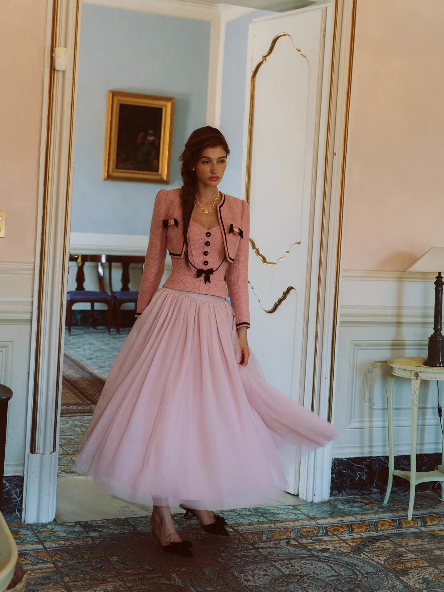 The Rose Parlour — pink tweed three-piece set, corset top jacket and tulle skirt with velvet bows | ÀMonBelAmour