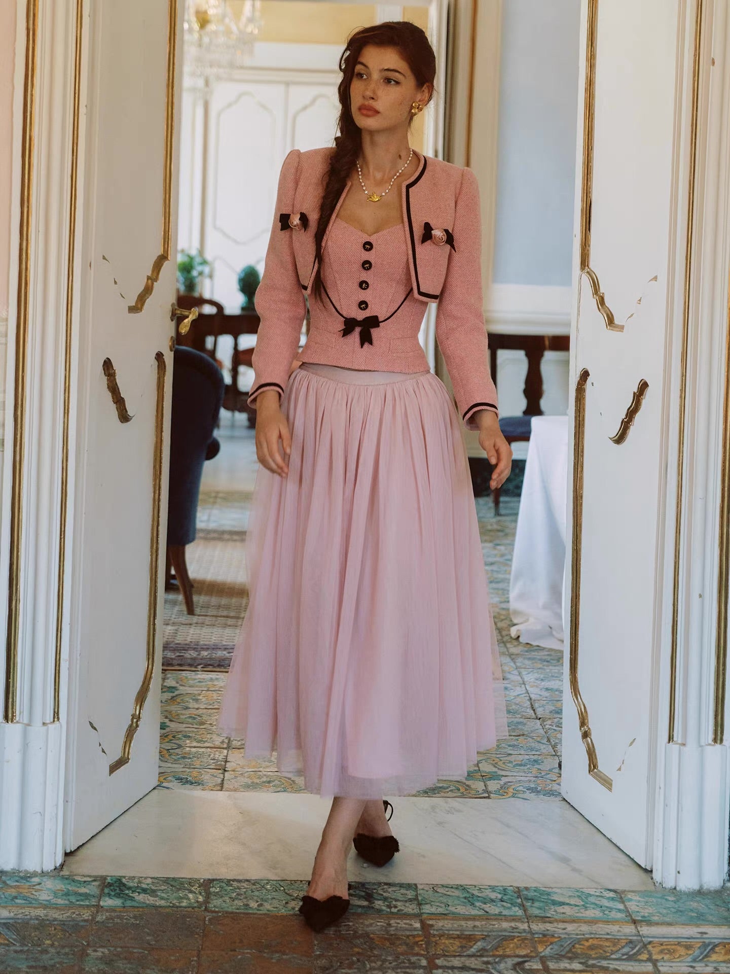The Rose Parlour — pink tweed three-piece set, corset top jacket and tulle skirt with velvet bows | ÀMonBelAmour