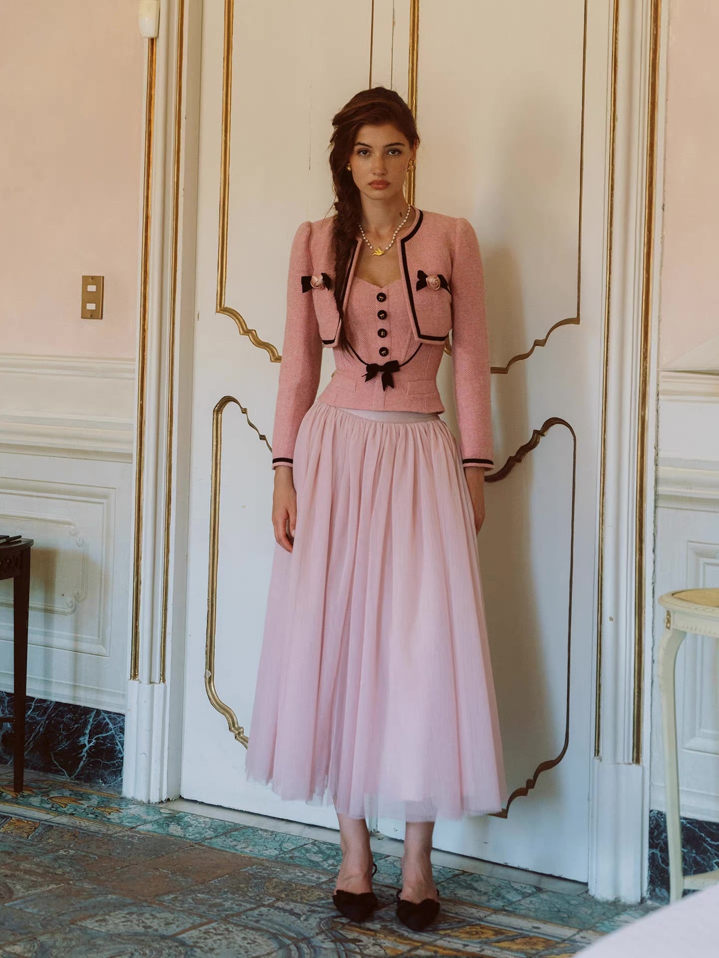 The Rose Parlour — pink tweed three-piece set, corset top jacket and tulle skirt with velvet bows | ÀMonBelAmour