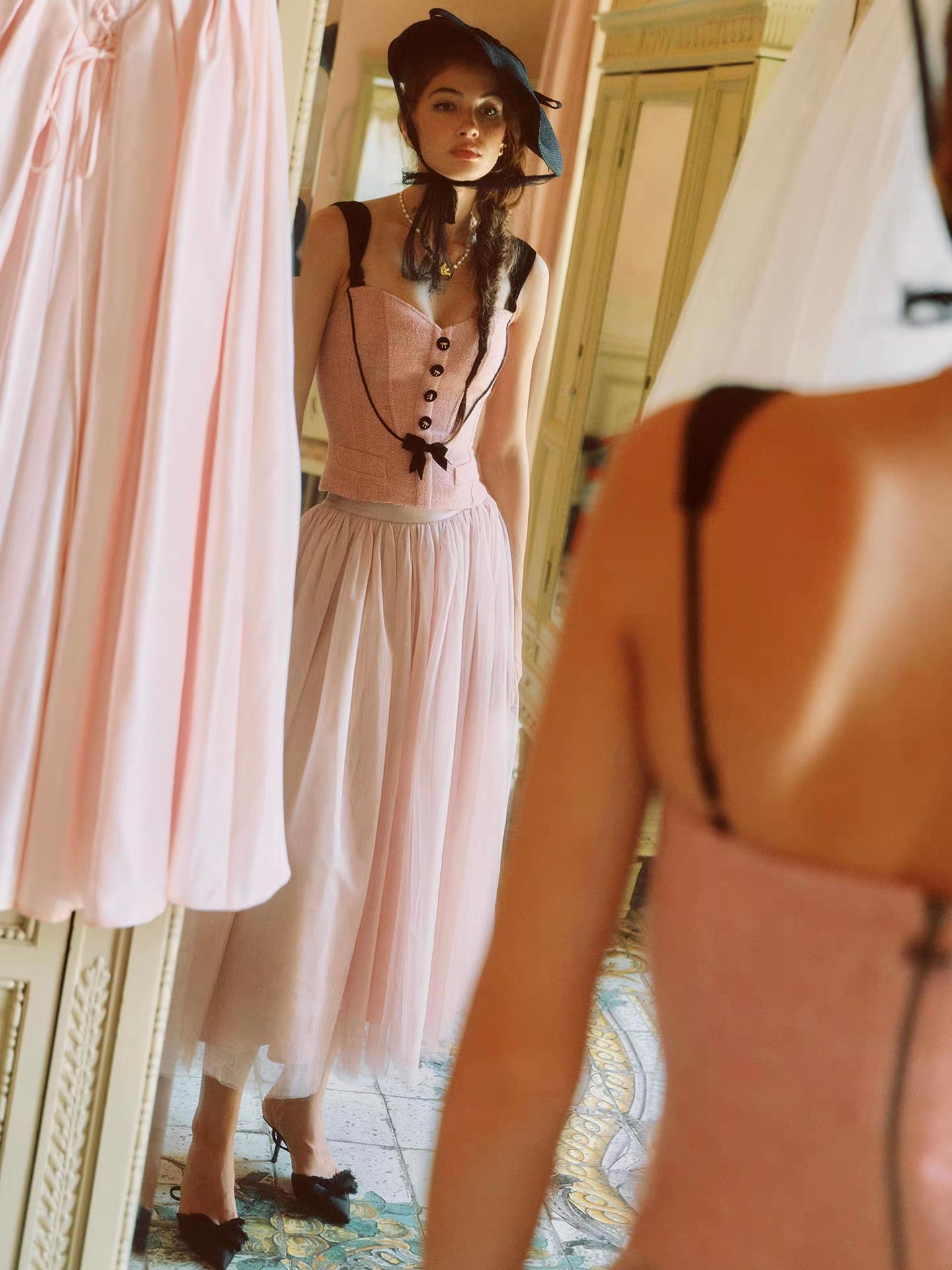 The Rose Parlour — pink tweed three-piece set, corset top jacket and tulle skirt with velvet bows | ÀMonBelAmour