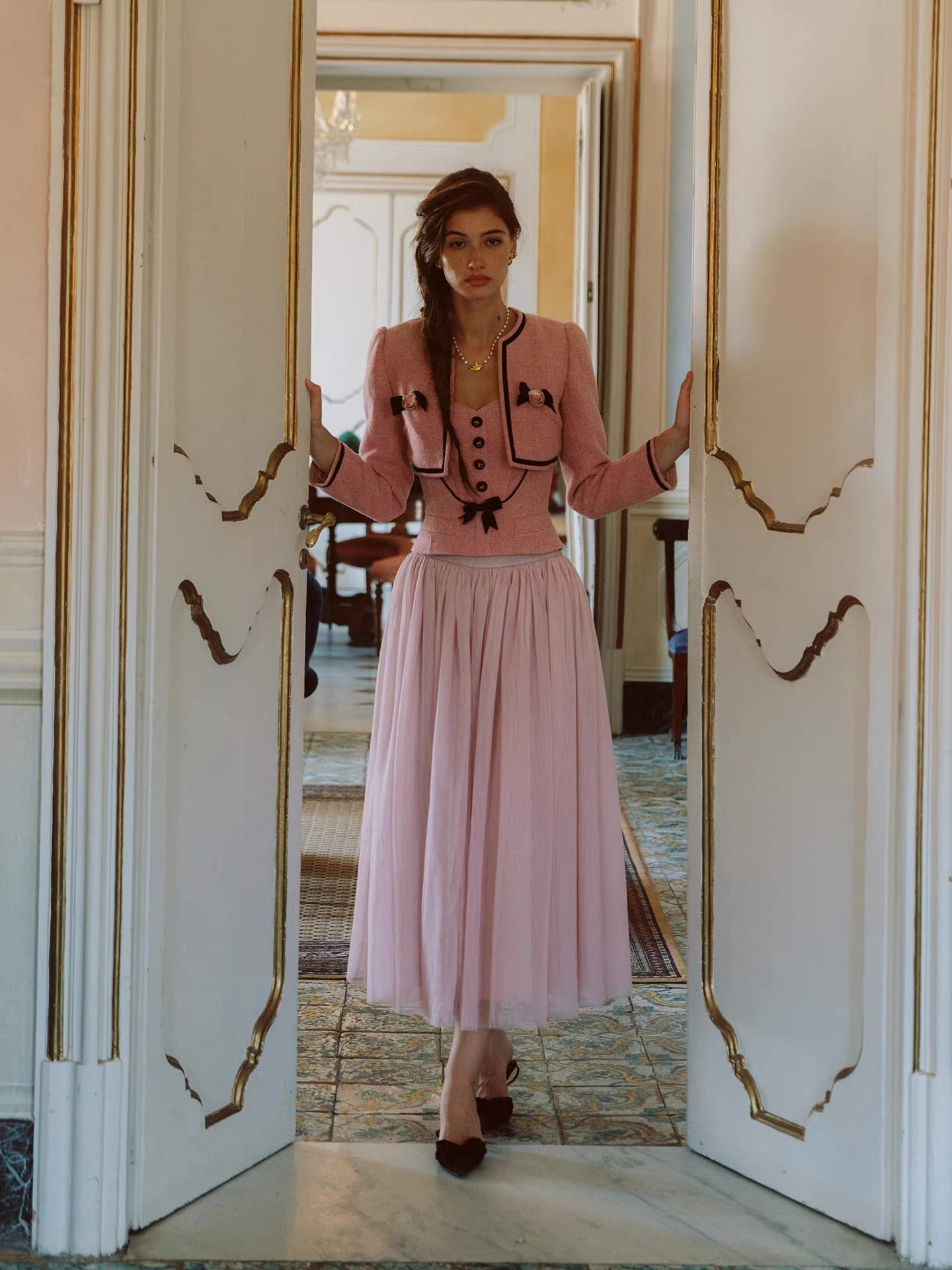 The Rose Parlour — pink tweed three-piece set, corset top jacket and tulle skirt with velvet bows | ÀMonBelAmour