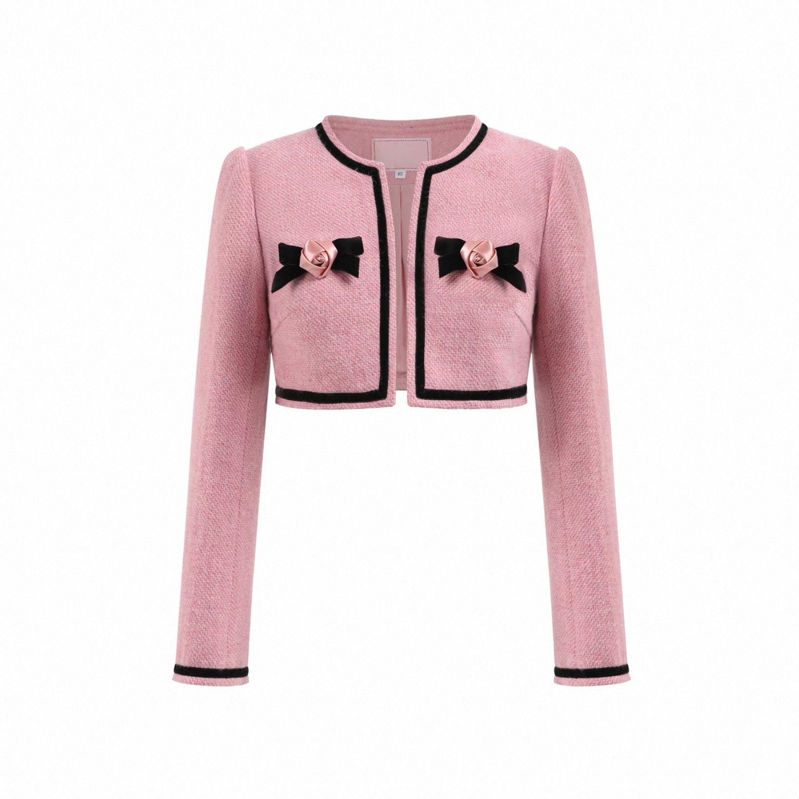 The Rose Parlour — pink tweed three-piece set, corset top jacket and tulle skirt with velvet bows | ÀMonBelAmour