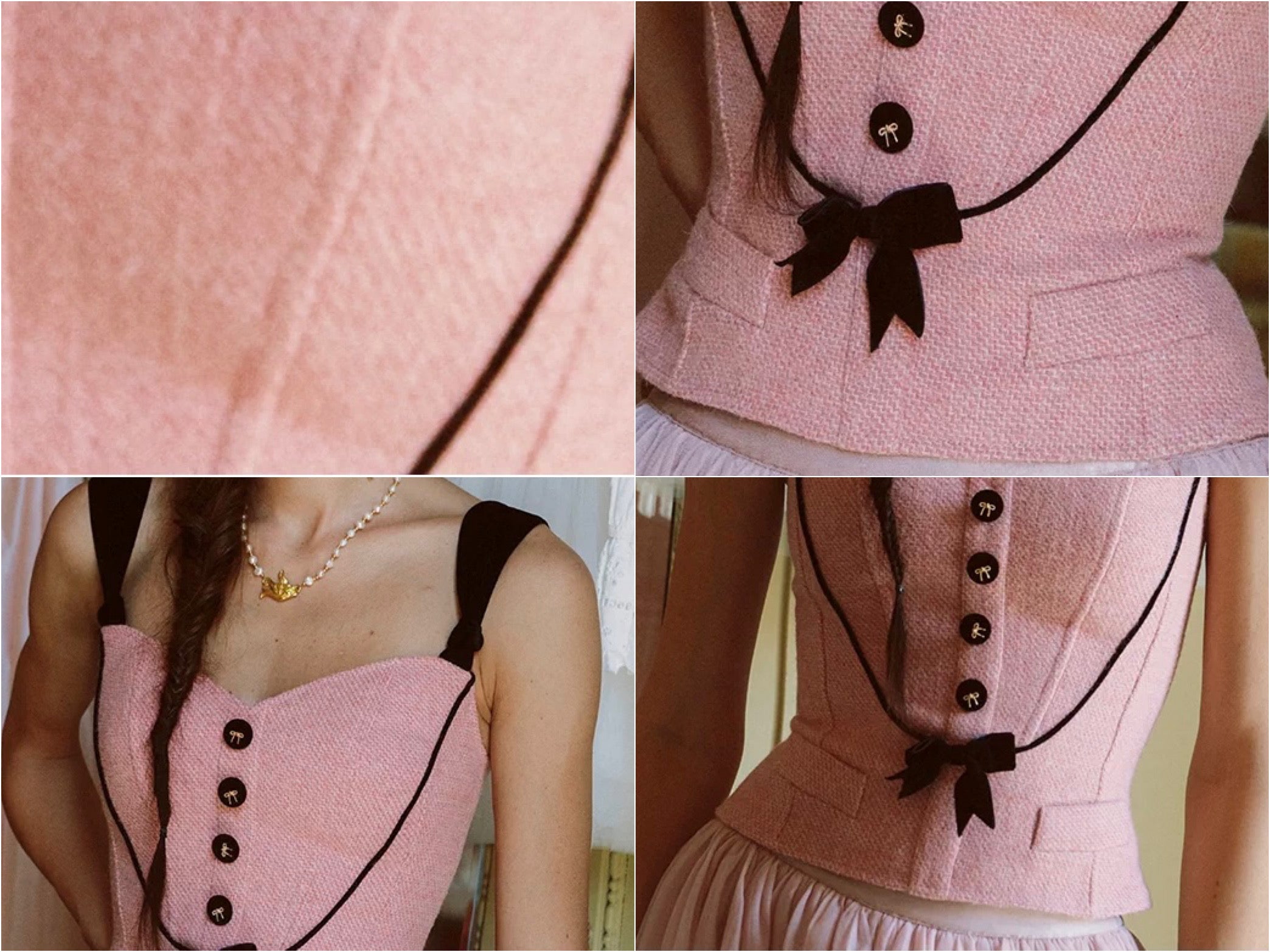 The Rose Parlour — pink tweed three-piece set, corset top jacket and tulle skirt with velvet bows | ÀMonBelAmour