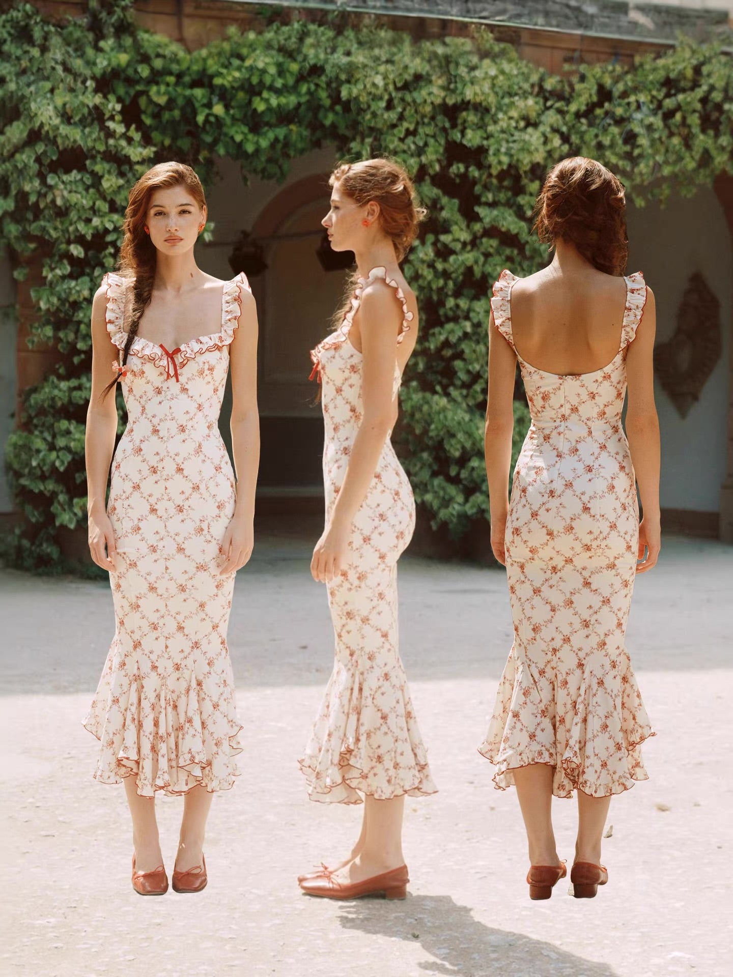 'Rose Trellis' — cream floral fishtail midi dress, ruffle square neckline with red trim | ÀMonBelAmour