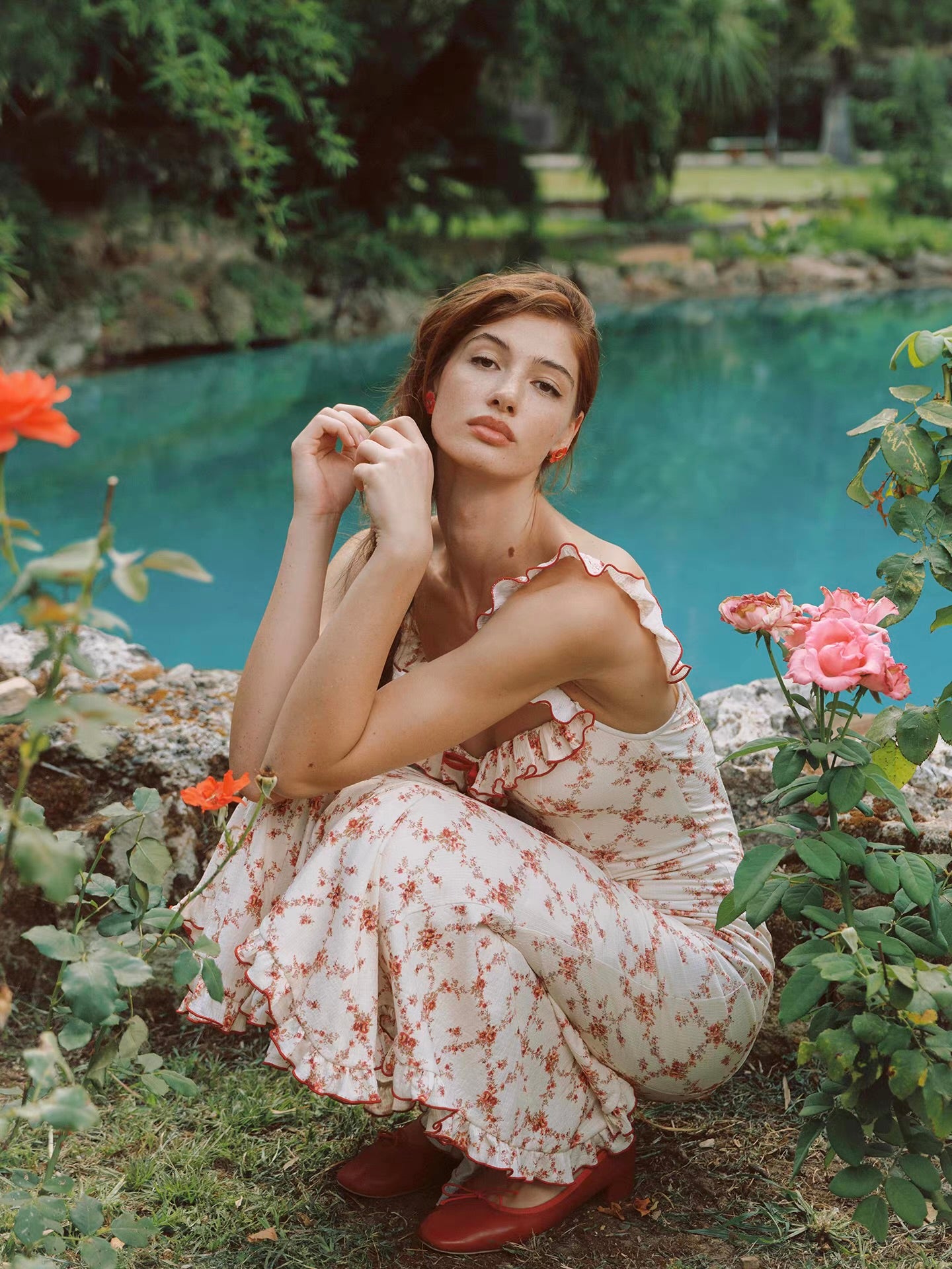 'Rose Trellis' — cream floral fishtail midi dress, ruffle square neckline with red trim | ÀMonBelAmour