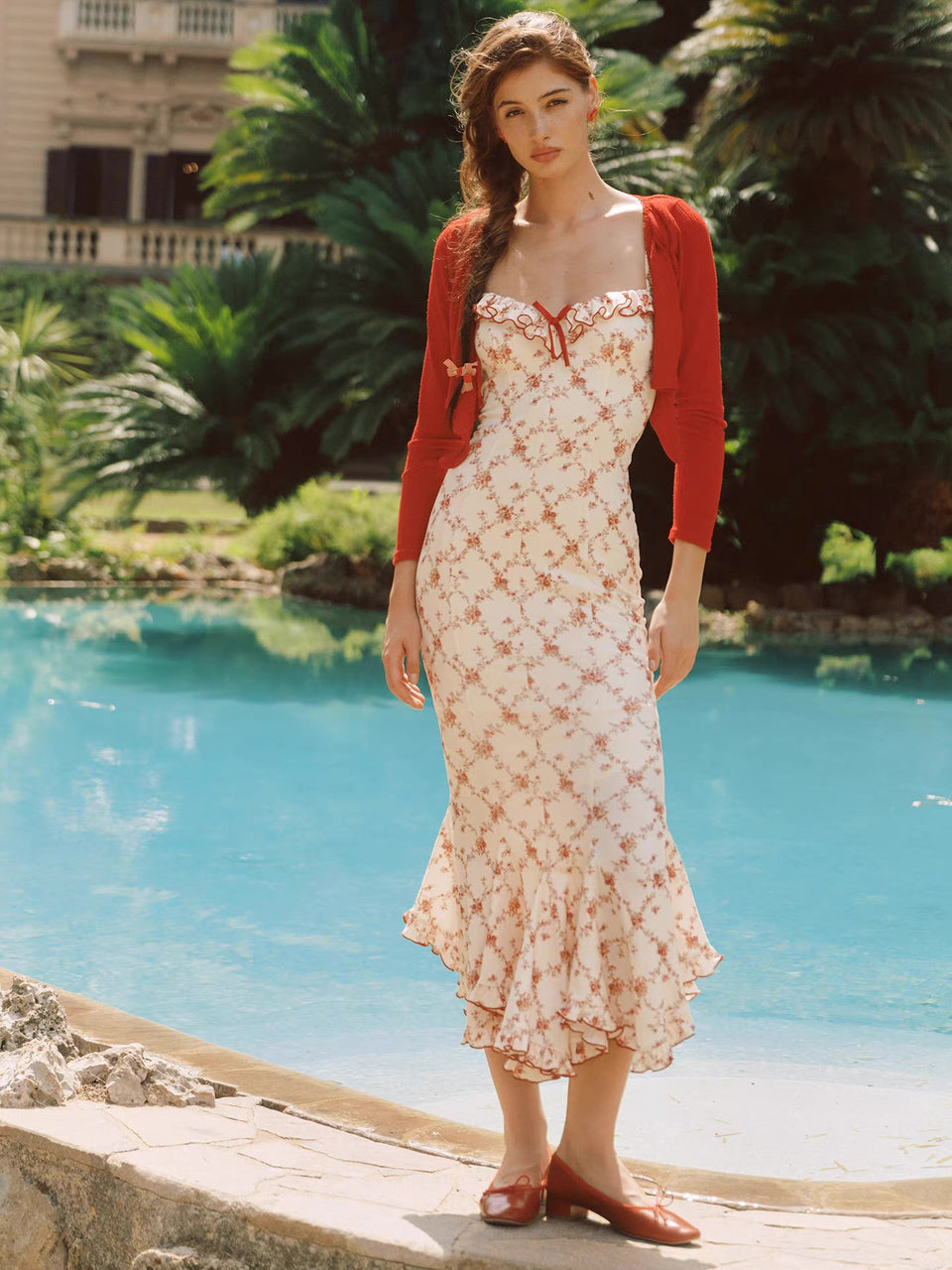 'Rose Trellis' — cream floral fishtail midi dress, ruffle square neckline with red trim | ÀMonBelAmour