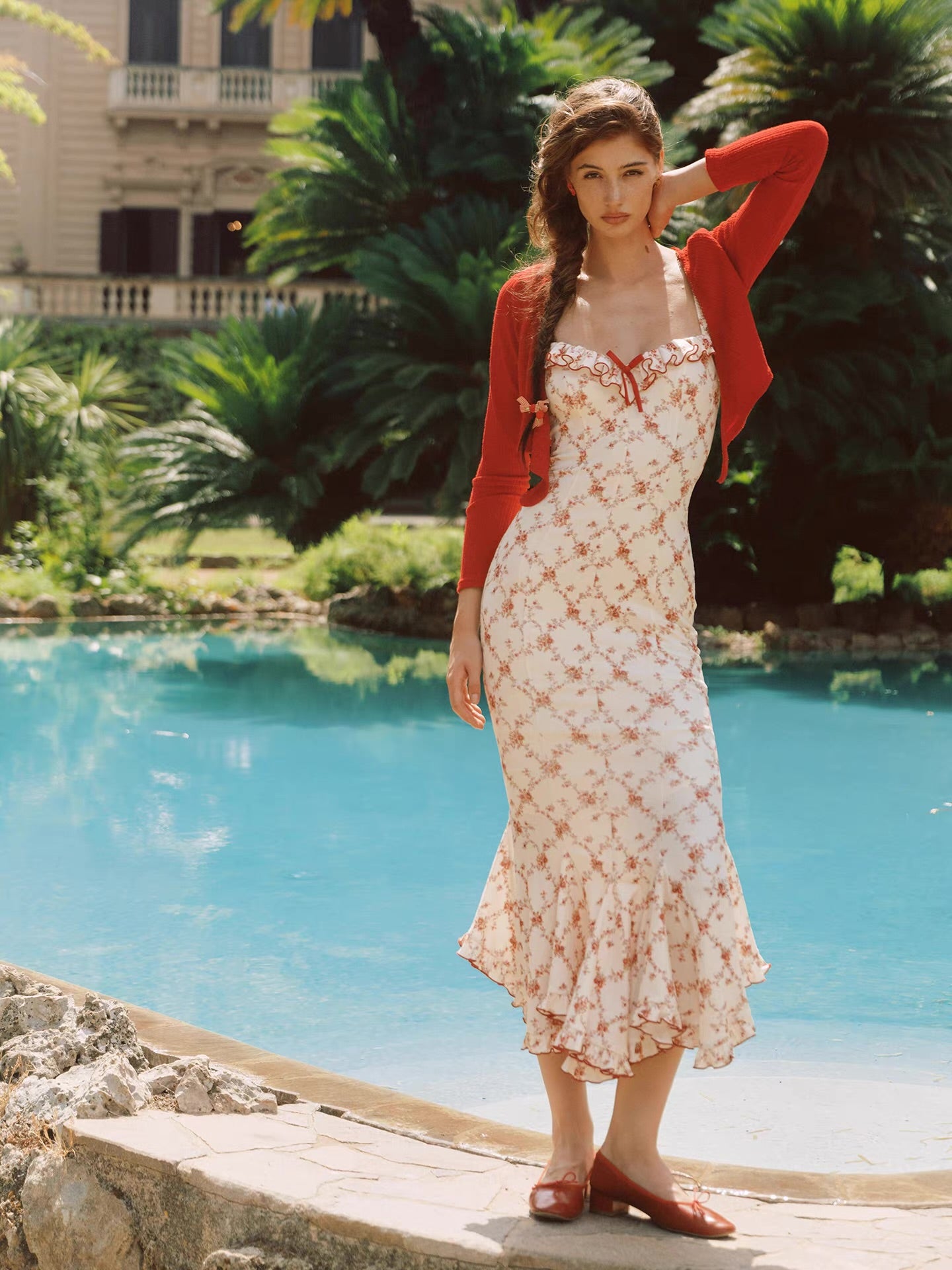 'Rose Trellis' — cream floral fishtail midi dress, ruffle square neckline with red trim | ÀMonBelAmour