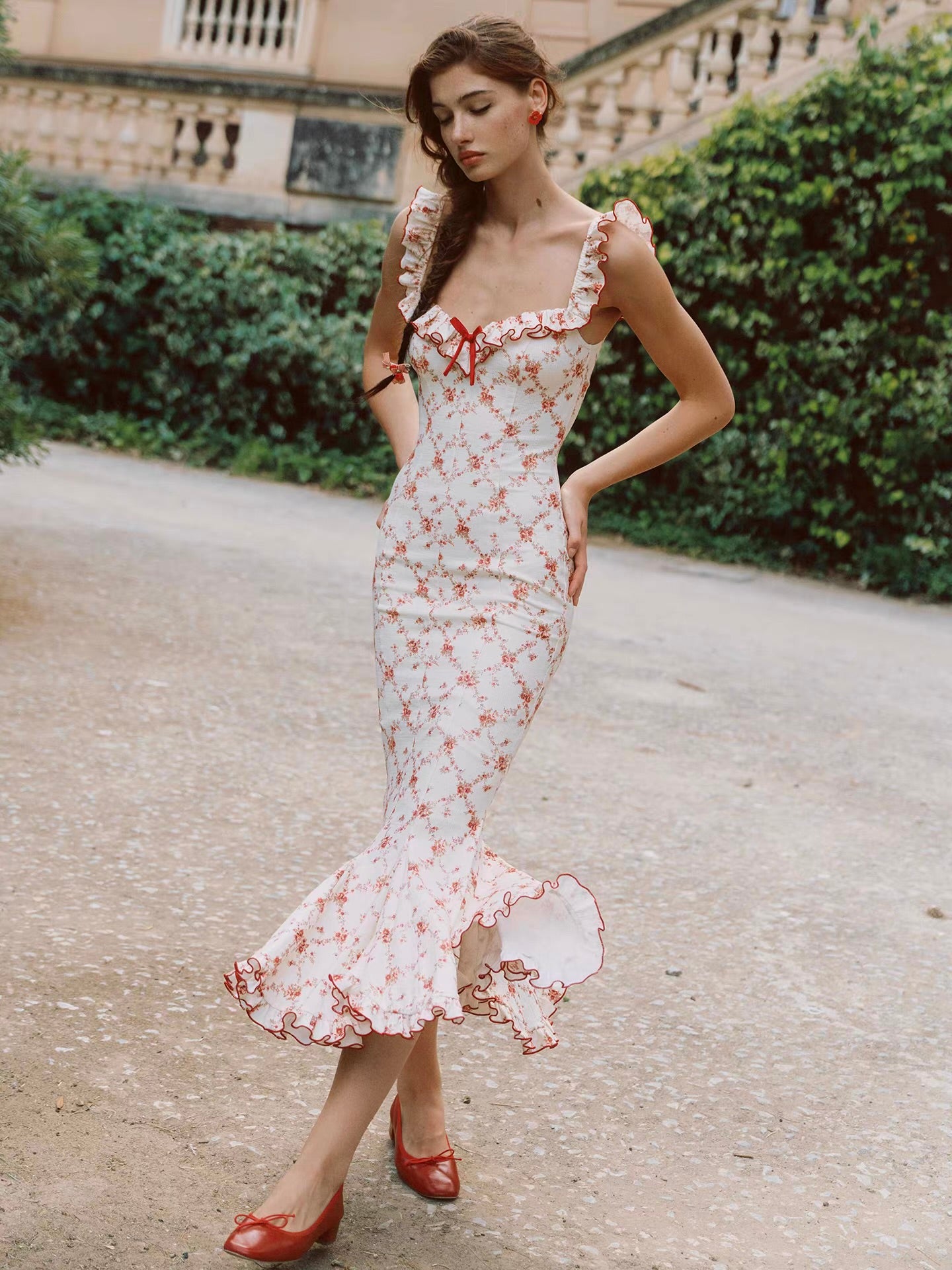 'Rose Trellis' — cream floral fishtail midi dress, ruffle square neckline with red trim | ÀMonBelAmour