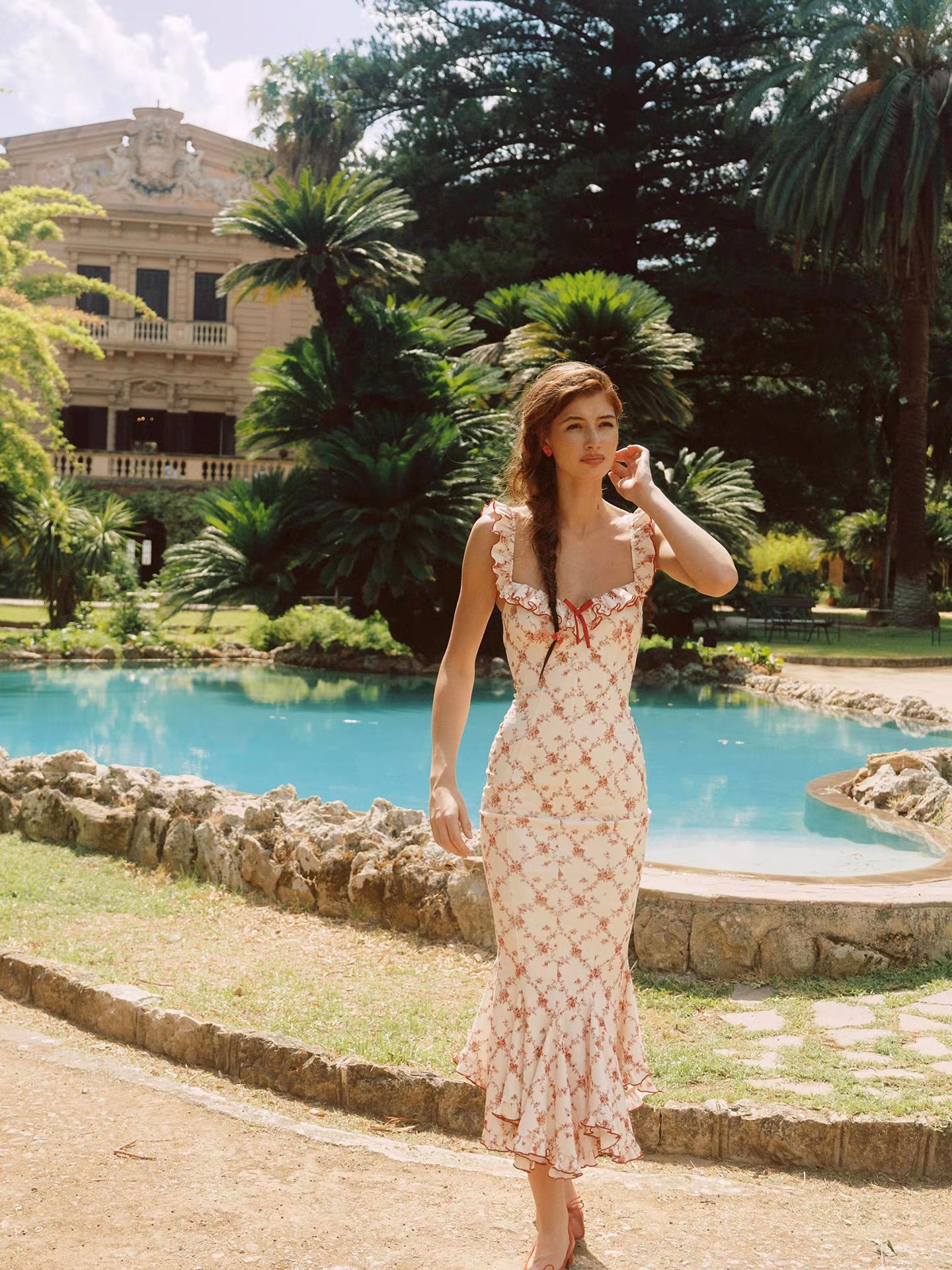 'Rose Trellis' — cream floral fishtail midi dress, ruffle square neckline with red trim | ÀMonBelAmour