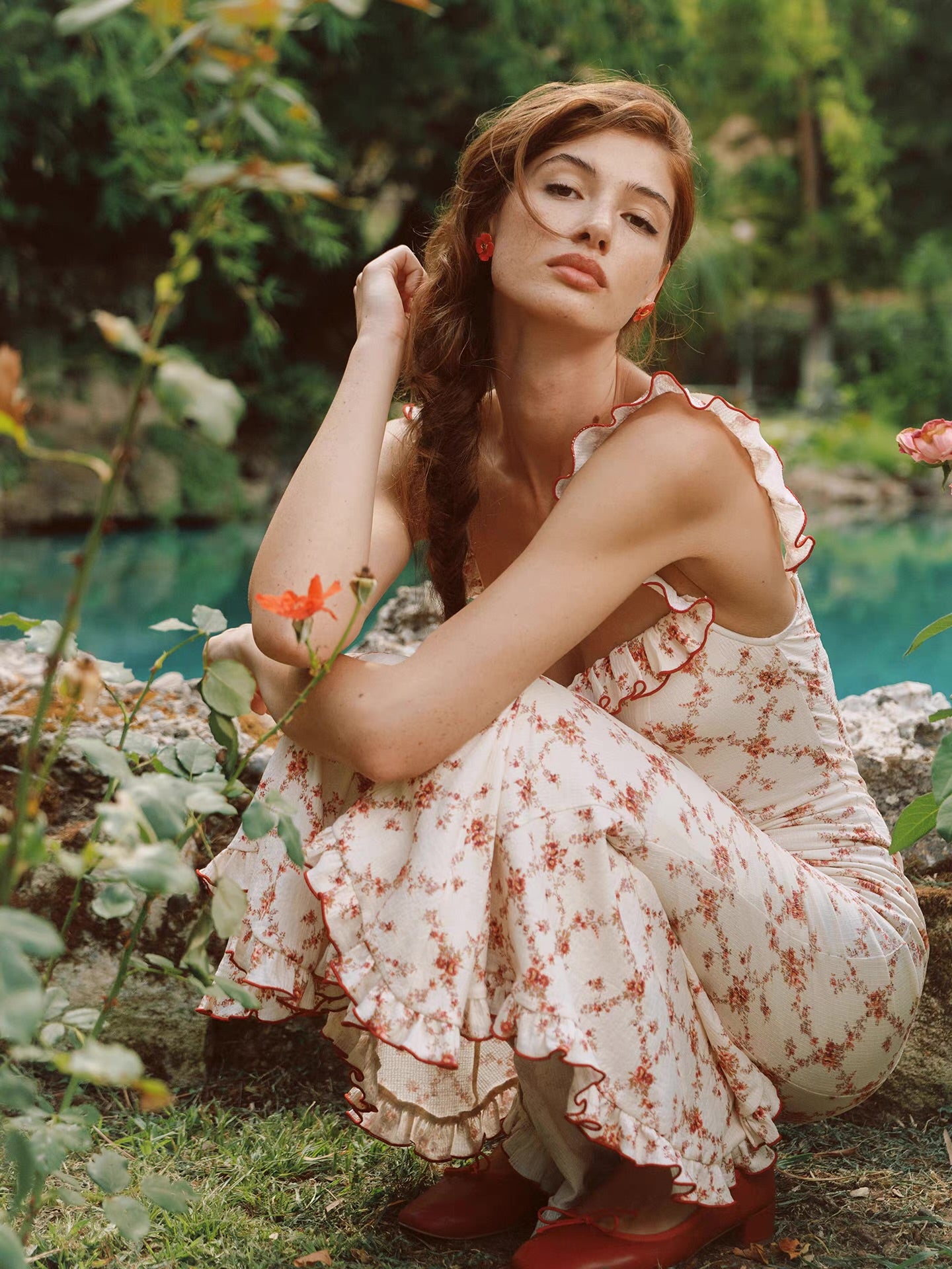 'Rose Trellis' — cream floral fishtail midi dress, ruffle square neckline with red trim | ÀMonBelAmour