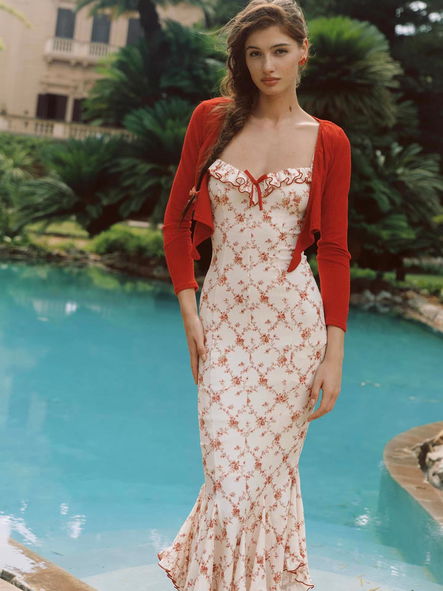 'Rose Trellis' — cream floral fishtail midi dress, ruffle square neckline with red trim | ÀMonBelAmour