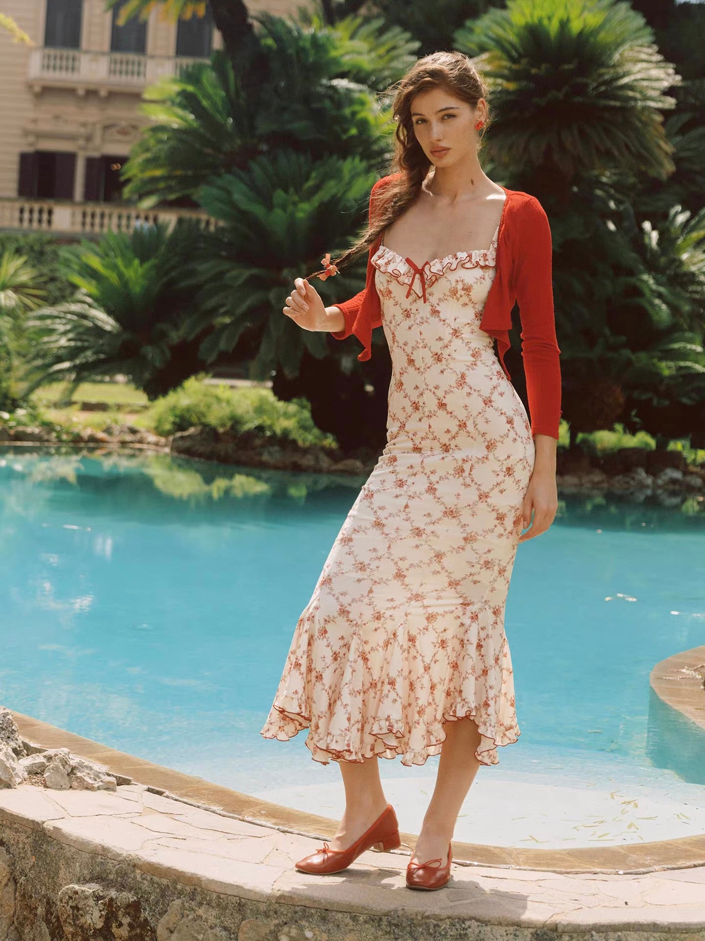 'Rose Trellis' — cream floral fishtail midi dress, ruffle square neckline with red trim | ÀMonBelAmour