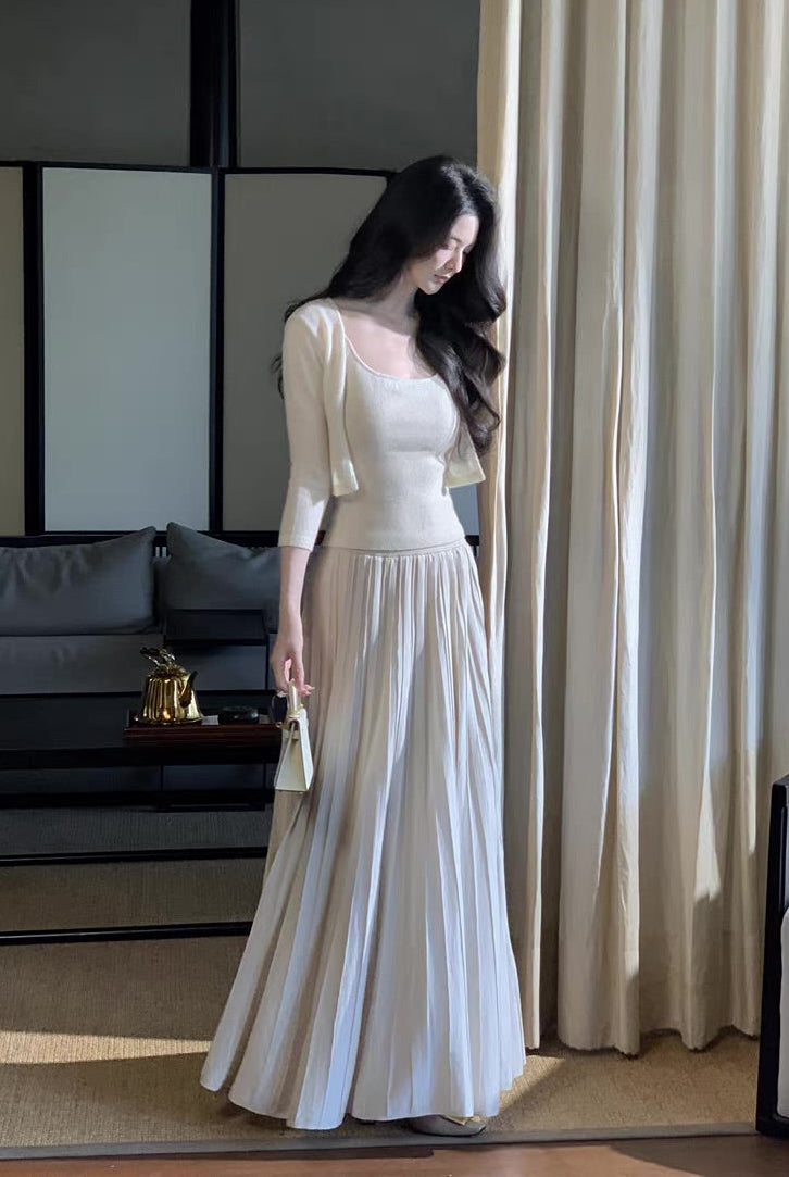‘Lara’ — White & Oatmeal Cashmere Three-Piece Set, U-Neck Camisole, Collarless Cardigan & Pleated Skirt | ÀMonBelAmour