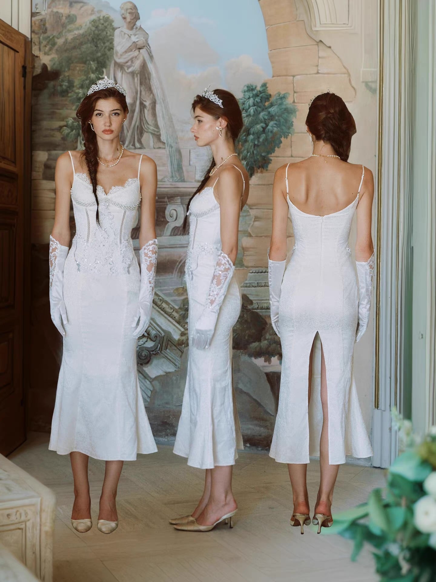 'Lotus Manor Coronation' — ivory jacquard fishtail midi dress, sweetheart neckline with lace and pearl corset bodice | ÀMonBelAmour