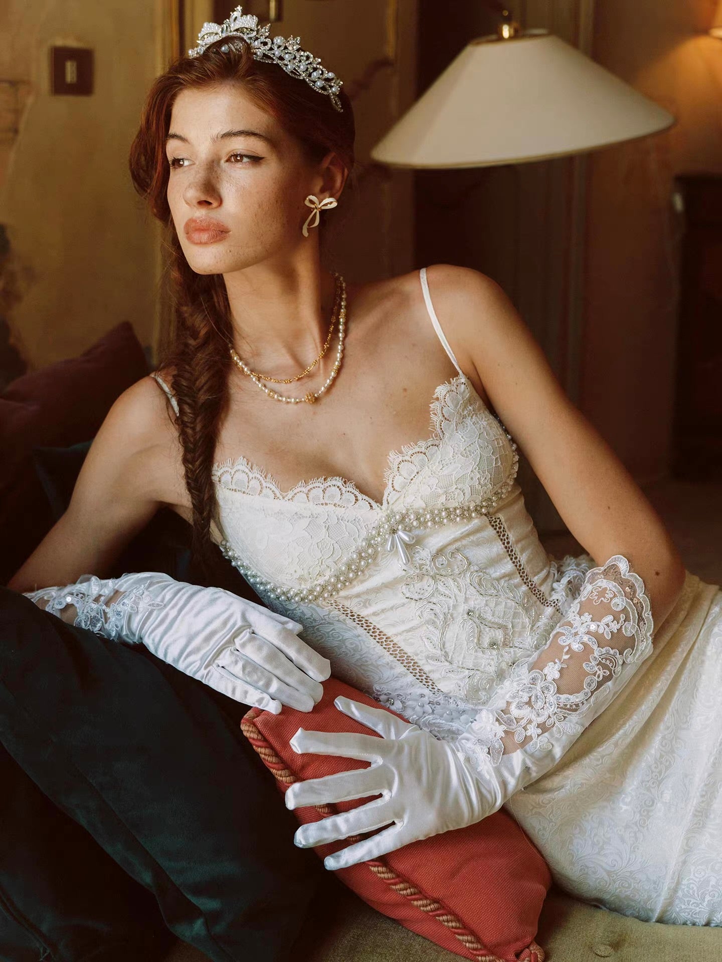 'Lotus Manor Coronation' — ivory jacquard fishtail midi dress, sweetheart neckline with lace and pearl corset bodice | ÀMonBelAmour