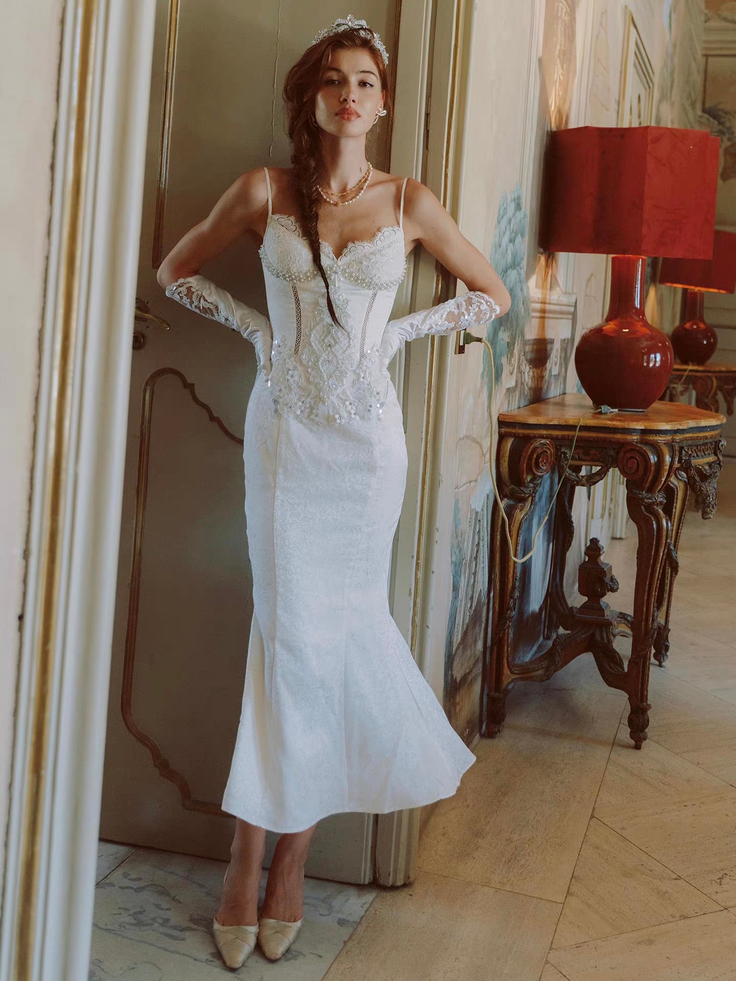 'Lotus Manor Coronation' — ivory jacquard fishtail midi dress, sweetheart neckline with lace and pearl corset bodice | ÀMonBelAmour