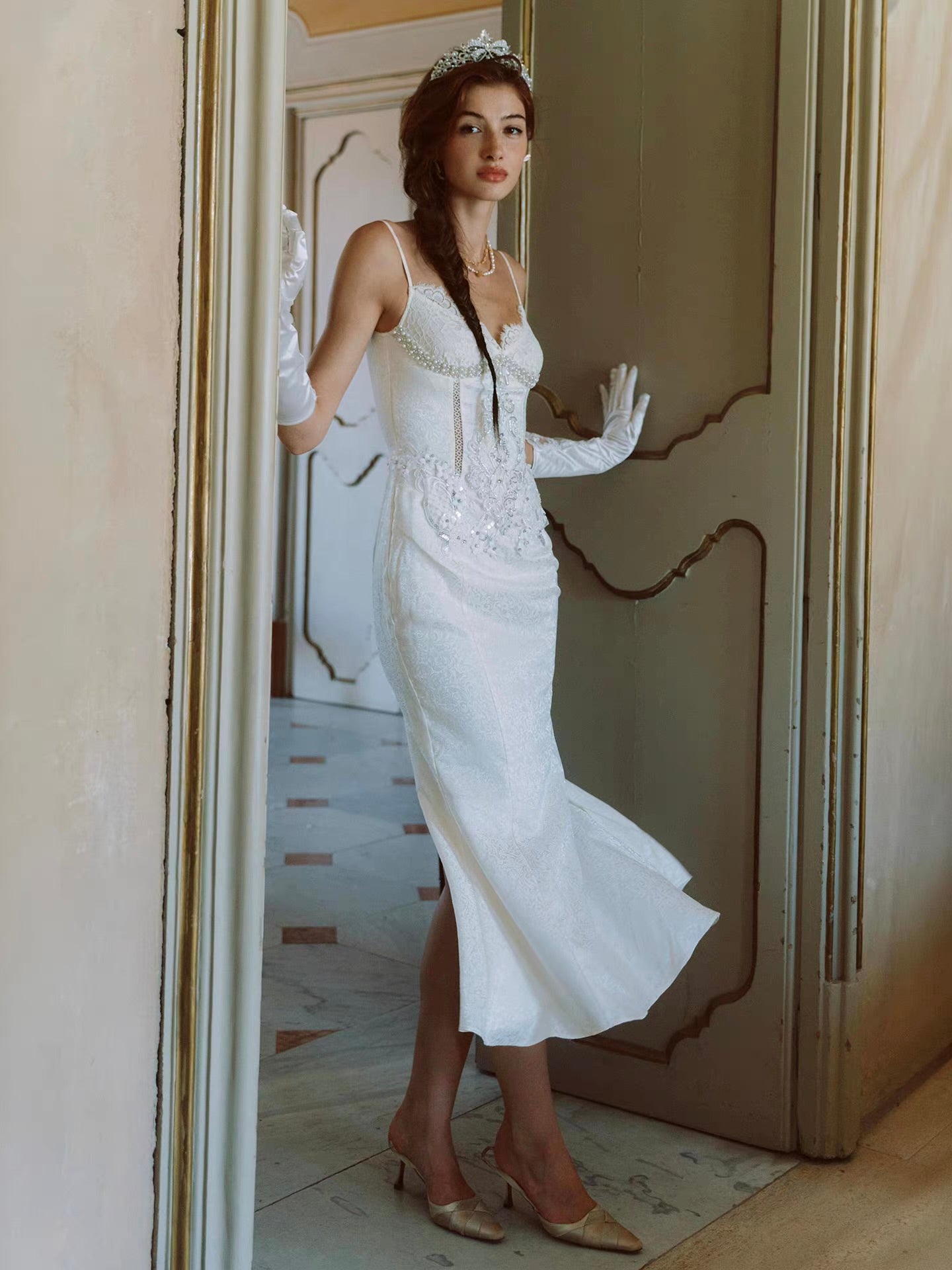 'Lotus Manor Coronation' — ivory jacquard fishtail midi dress, sweetheart neckline with lace and pearl corset bodice | ÀMonBelAmour