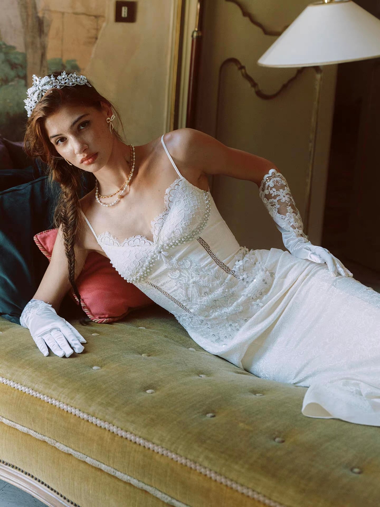 'Lotus Manor Coronation' — ivory jacquard fishtail midi dress, sweetheart neckline with lace and pearl corset bodice | ÀMonBelAmour