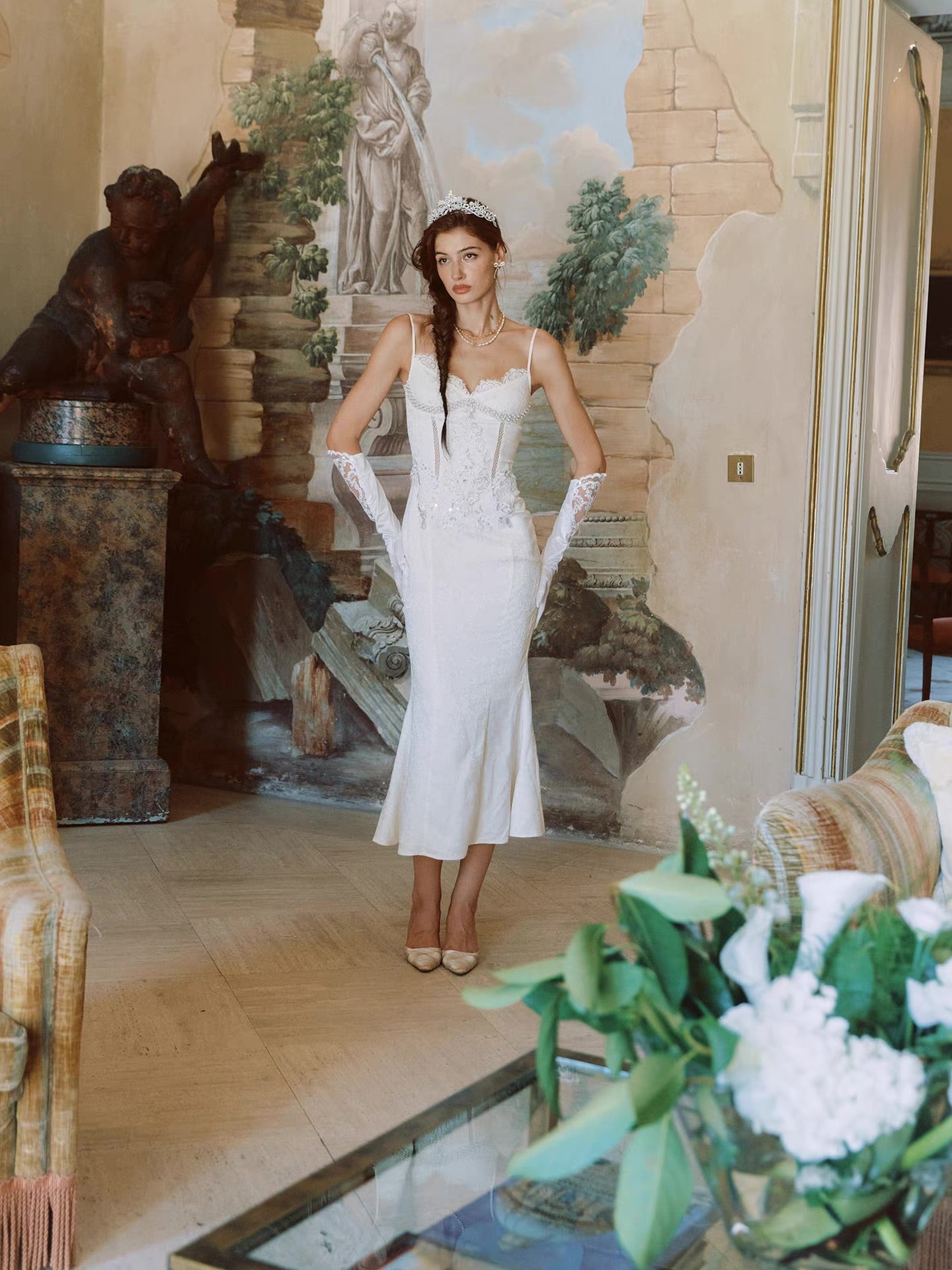 'Lotus Manor Coronation' — ivory jacquard fishtail midi dress, sweetheart neckline with lace and pearl corset bodice | ÀMonBelAmour