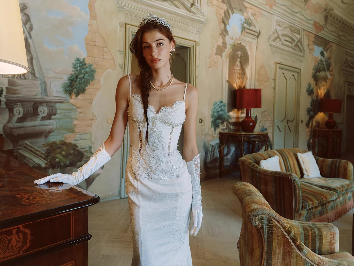 'Lotus Manor Coronation' — ivory jacquard fishtail midi dress, sweetheart neckline with lace and pearl corset bodice | ÀMonBelAmour