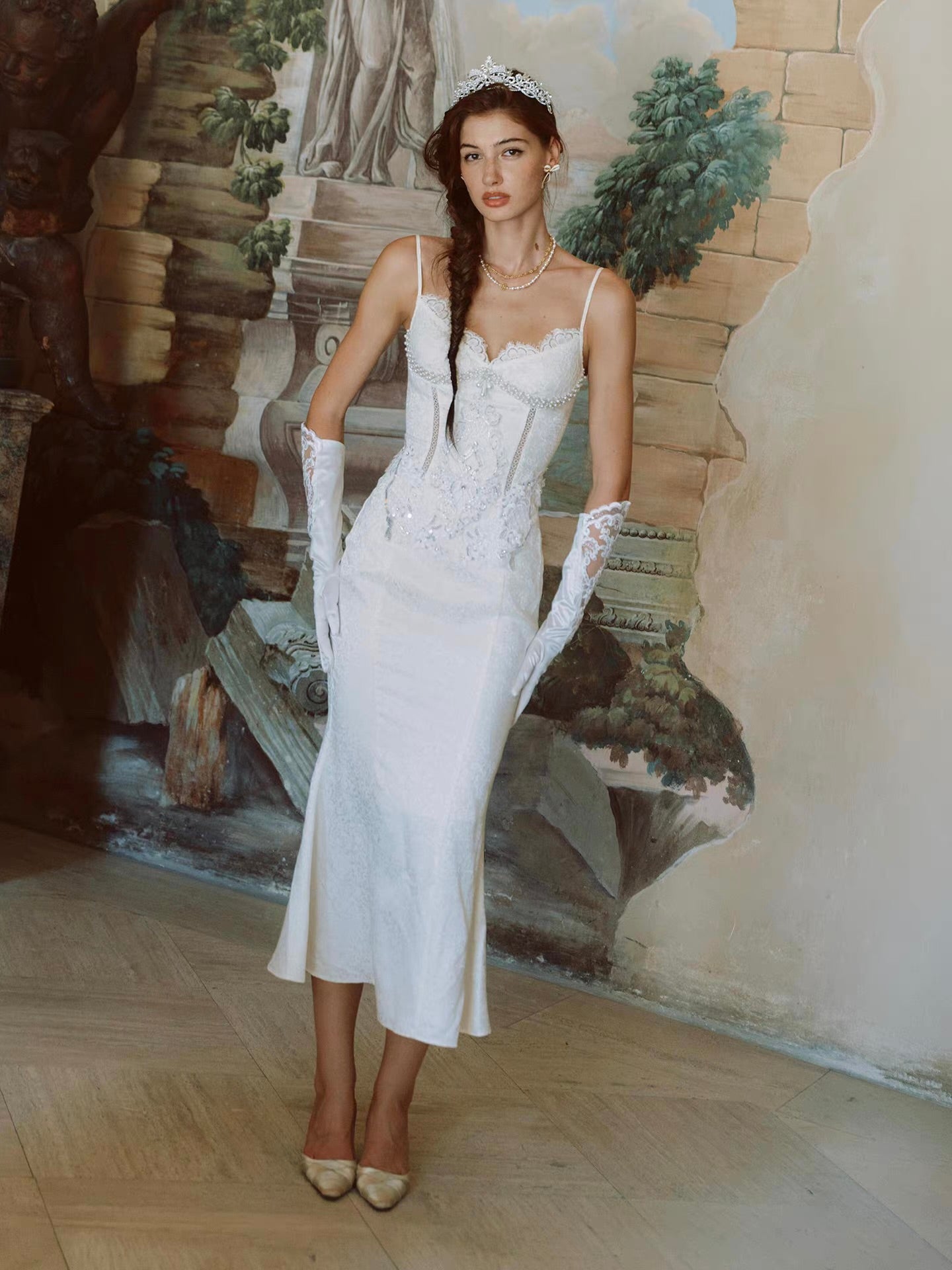 'Lotus Manor Coronation' — ivory jacquard fishtail midi dress, sweetheart neckline with lace and pearl corset bodice | ÀMonBelAmour