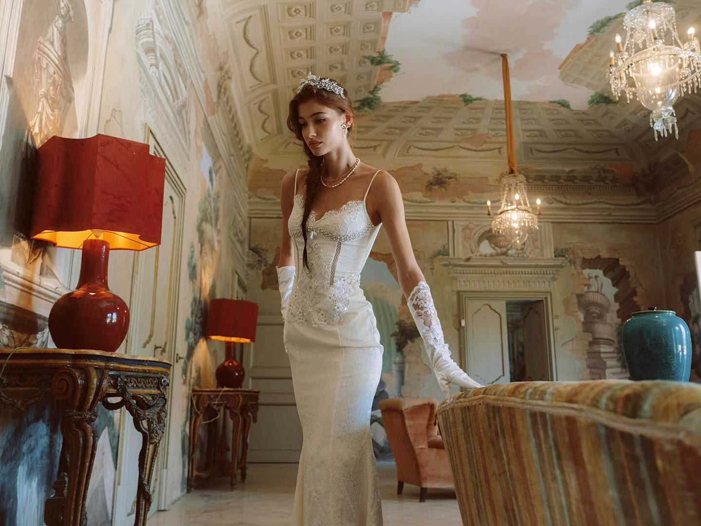 'Lotus Manor Coronation' — ivory jacquard fishtail midi dress, sweetheart neckline with lace and pearl corset bodice | ÀMonBelAmour