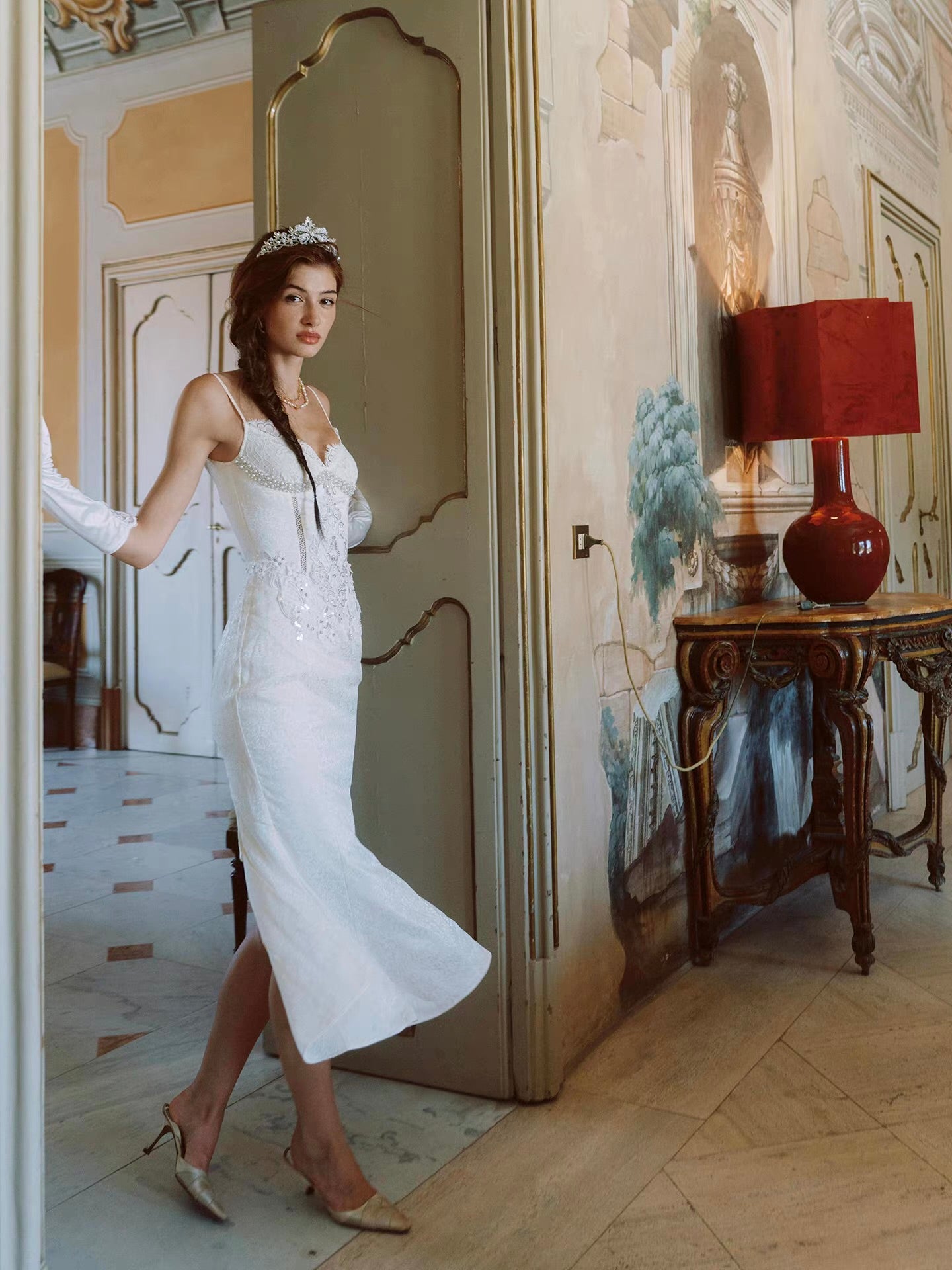 'Lotus Manor Coronation' — ivory jacquard fishtail midi dress, sweetheart neckline with lace and pearl corset bodice | ÀMonBelAmour