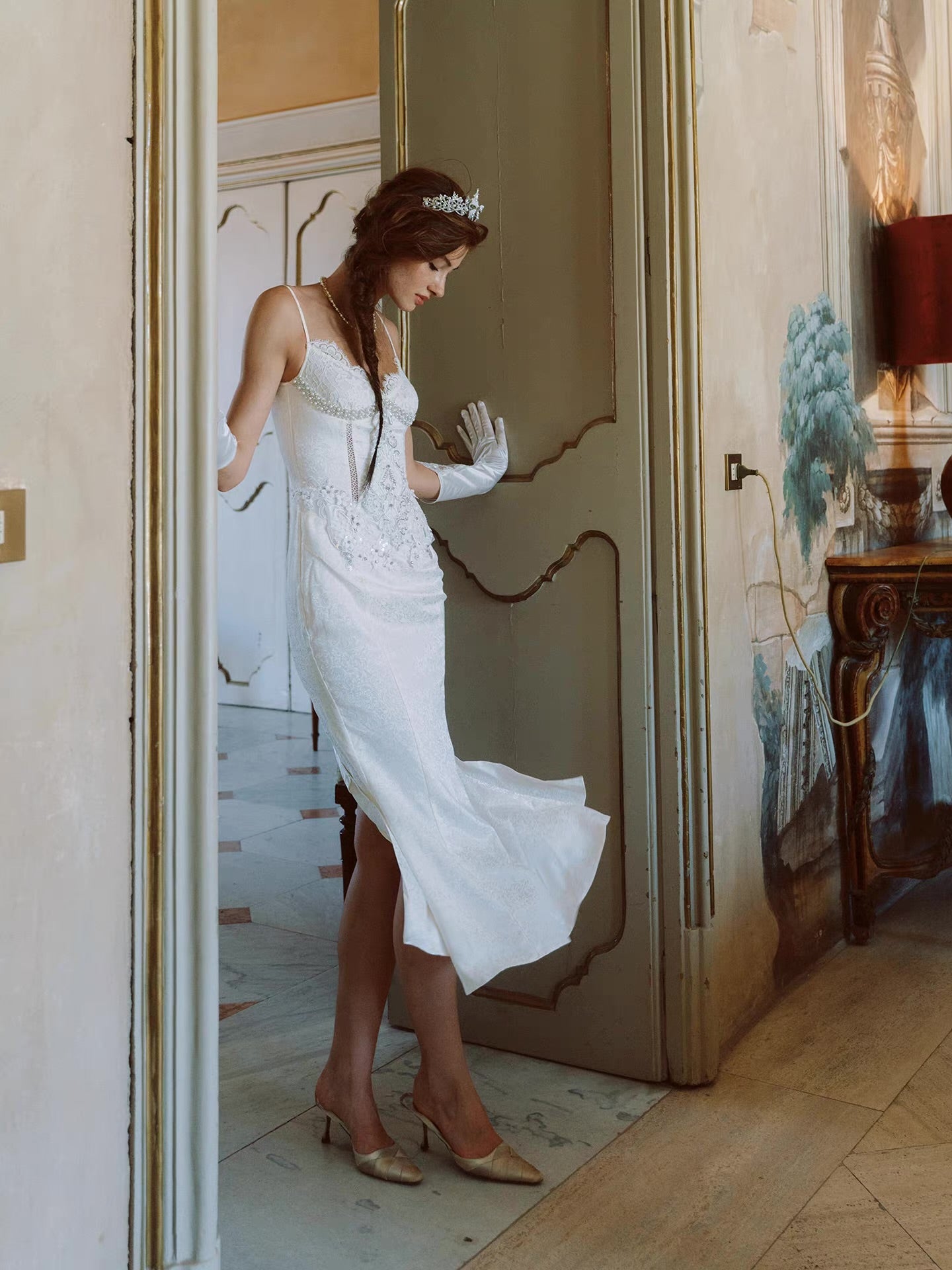 'Lotus Manor Coronation' — ivory jacquard fishtail midi dress, sweetheart neckline with lace and pearl corset bodice | ÀMonBelAmour