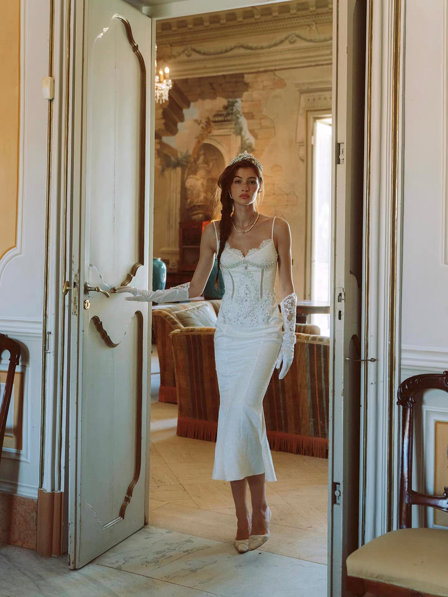 'Lotus Manor Coronation' — ivory jacquard fishtail midi dress, sweetheart neckline with lace and pearl corset bodice | ÀMonBelAmour