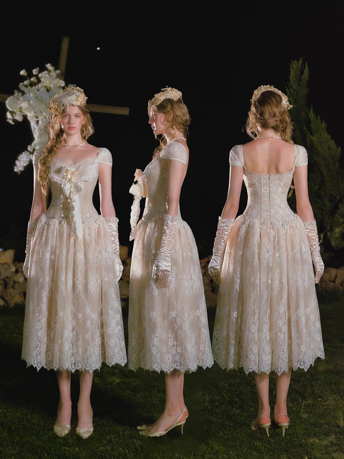 'Madame Papillon' — ivory lace corset midi dress, sweetheart neckline with detachable cap sleeves & pearl-trimmed dropped waist | ÀMonBelAmour