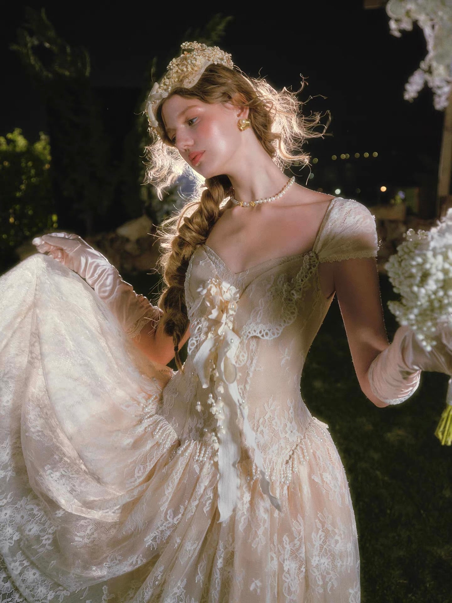 'Madame Papillon' — ivory lace corset midi dress, sweetheart neckline with detachable cap sleeves & pearl-trimmed dropped waist | ÀMonBelAmour