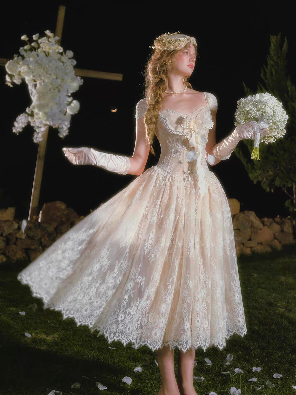'Madame Papillon' — ivory lace corset midi dress, sweetheart neckline with detachable cap sleeves & pearl-trimmed dropped waist | ÀMonBelAmour