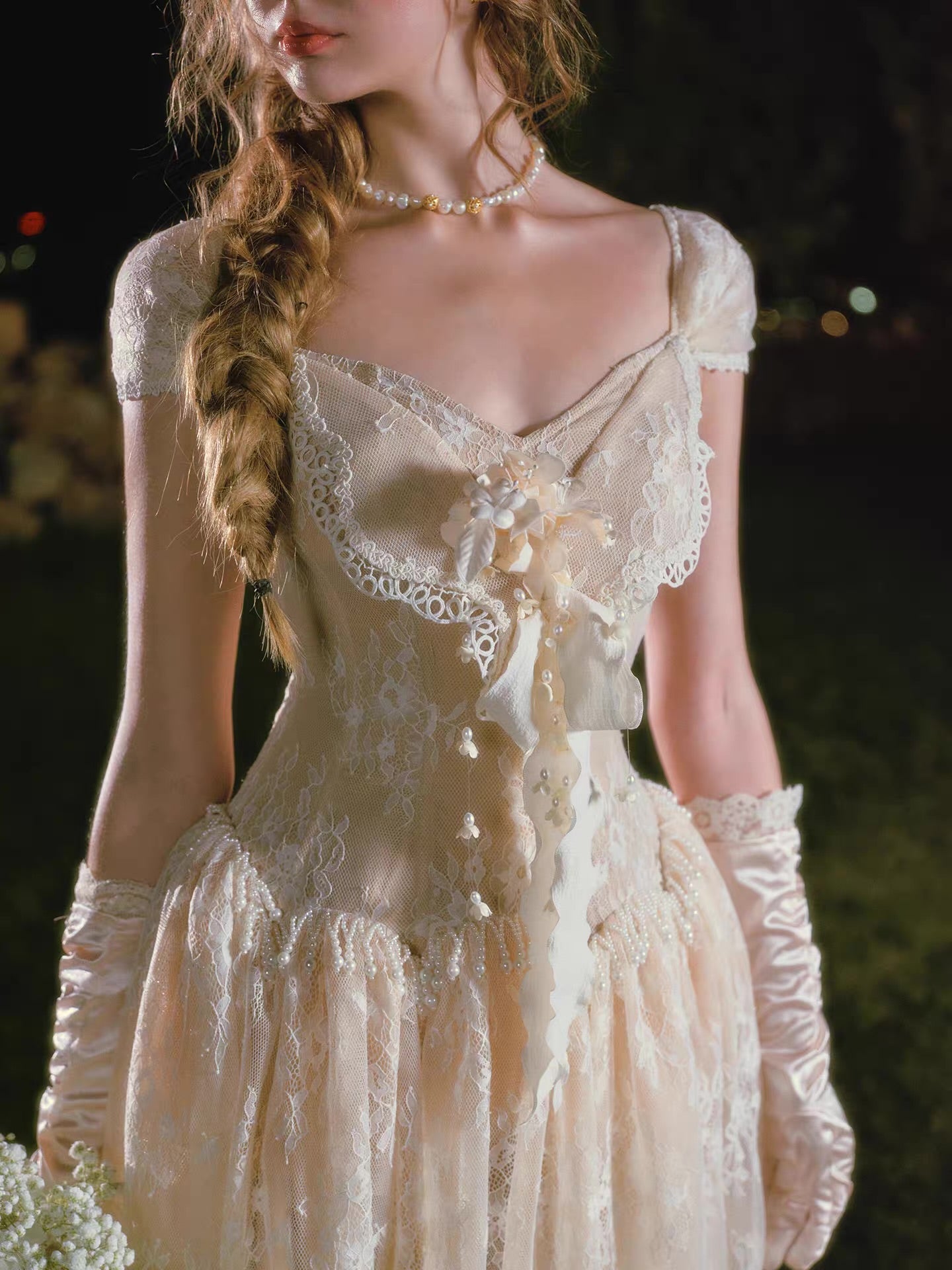 'Madame Papillon' — ivory lace corset midi dress, sweetheart neckline with detachable cap sleeves & pearl-trimmed dropped waist | ÀMonBelAmour