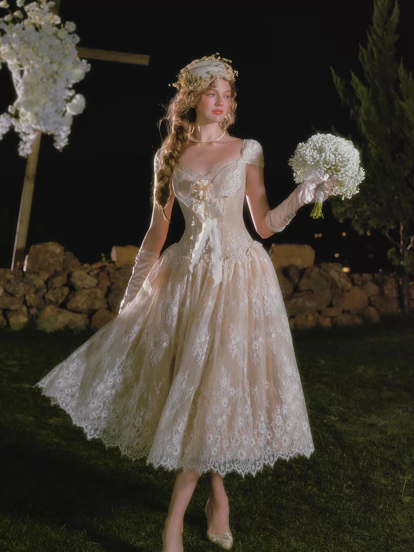 'Madame Papillon' — ivory lace corset midi dress, sweetheart neckline with detachable cap sleeves & pearl-trimmed dropped waist | ÀMonBelAmour