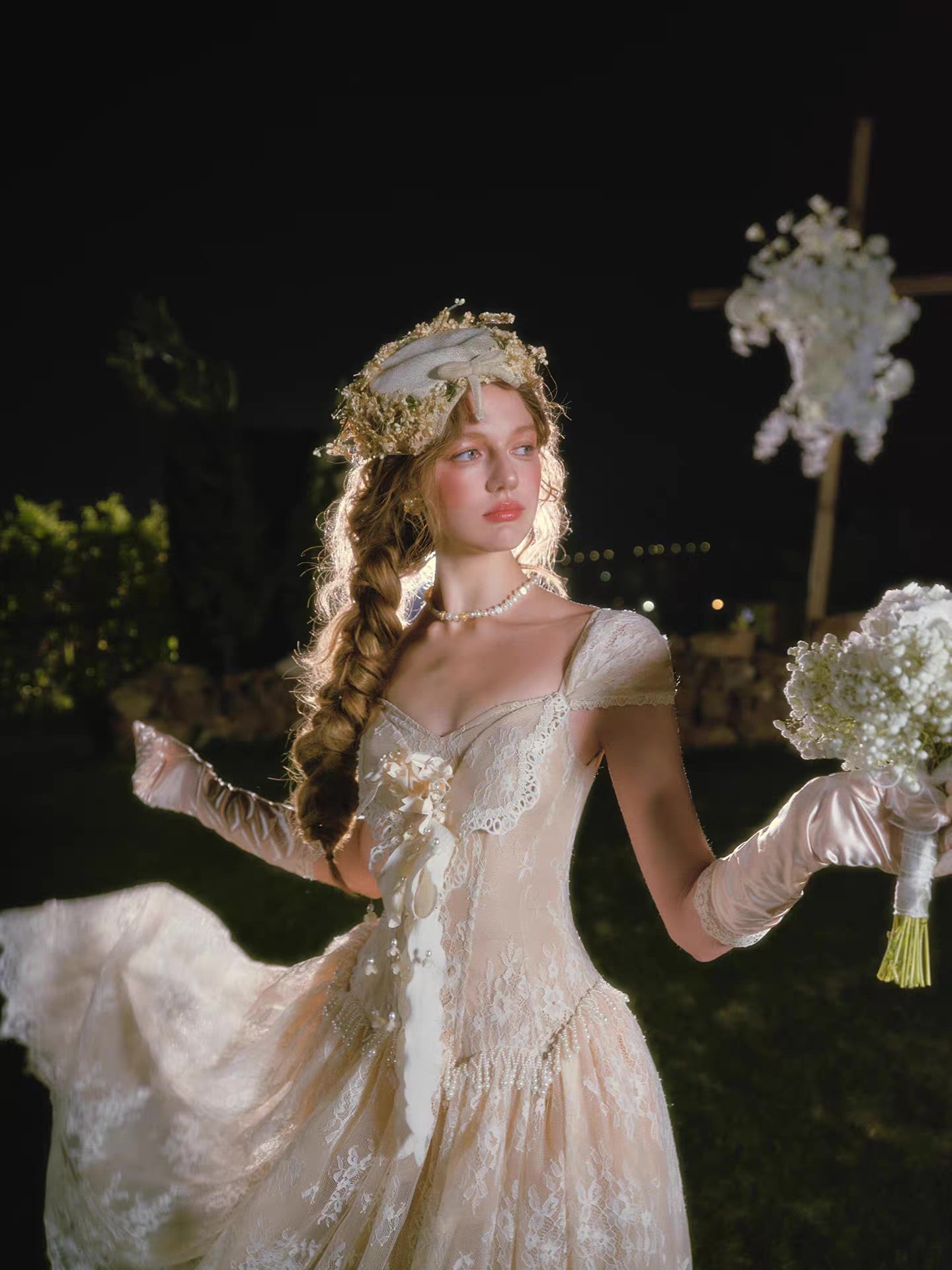 'Madame Papillon' — ivory lace corset midi dress, sweetheart neckline with detachable cap sleeves & pearl-trimmed dropped waist | ÀMonBelAmour