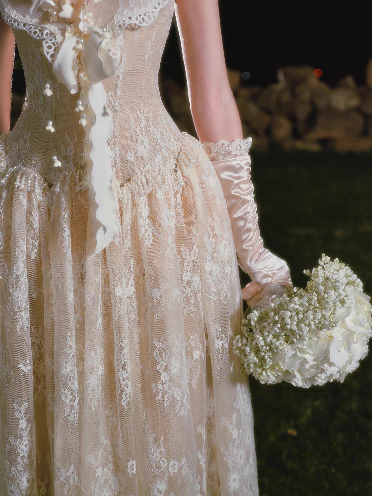 'Madame Papillon' — ivory lace corset midi dress, sweetheart neckline with detachable cap sleeves & pearl-trimmed dropped waist | ÀMonBelAmour