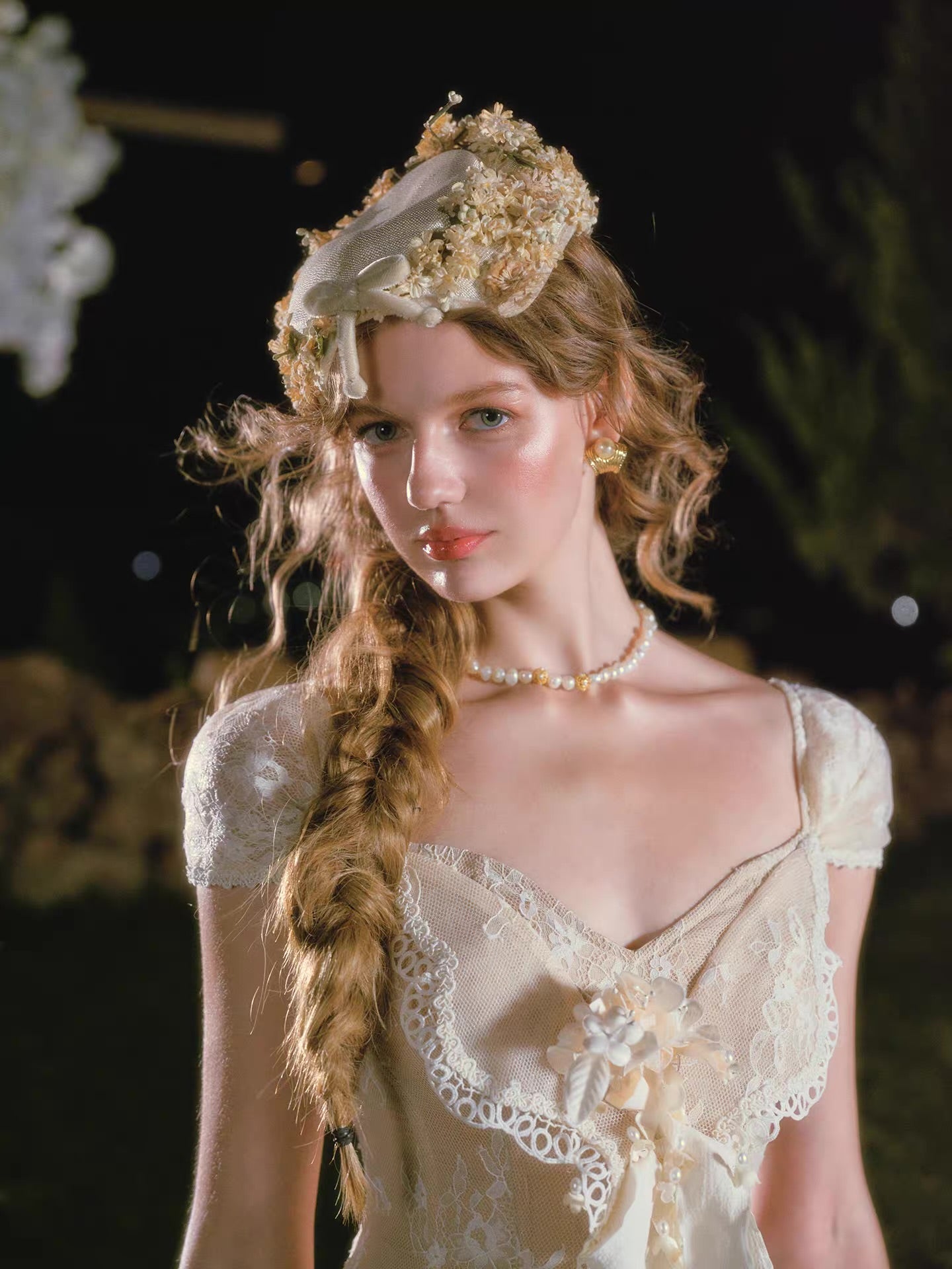 'Madame Papillon' — ivory lace corset midi dress, sweetheart neckline with detachable cap sleeves & pearl-trimmed dropped waist | ÀMonBelAmour